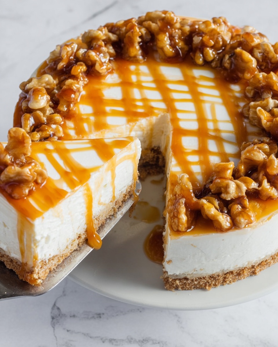 A round dessert is shown with a slice lifted by a metal spatula from a white plate on a white marbled surface. The dessert has three main layers: a light brown crumbly base, a middle thick white creamy layer, and on top a smooth white cream with orange-colored syrup drizzled in thin vertical stripes. The right side of the dessert is covered with a pile of walnut pieces glazed with the same orange syrup, creating a glossy texture. The slice being lifted reveals the inside layers clearly, showing the contrast between the crumbly base and the creamy middle photo taken with an iphone --ar 4:5 --v 7