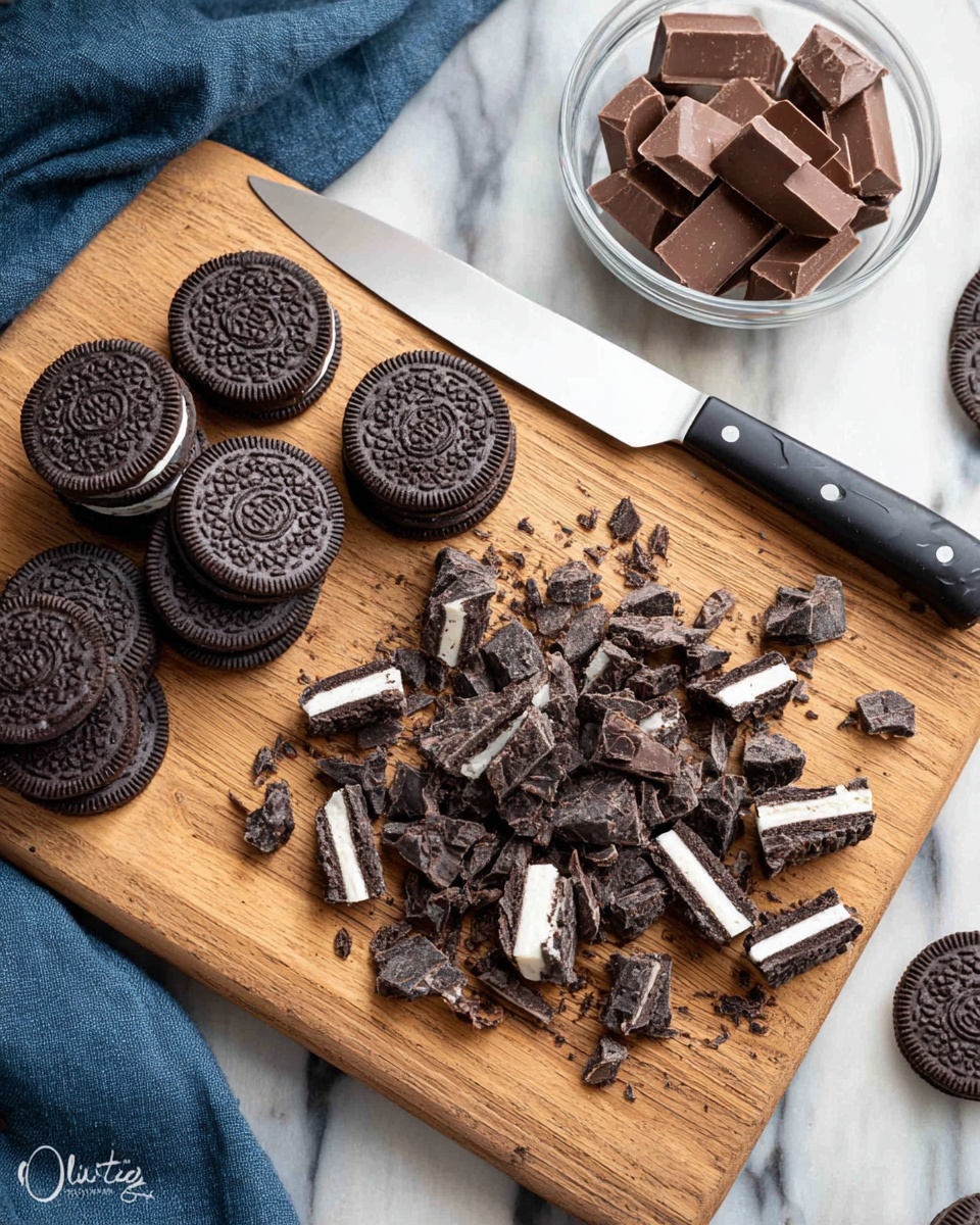 A wooden cutting board sits on a white marbled surface, holding several whole dark chocolate sandwich cookies with white cream filling on the left side. On the right side of the board, many cookies are broken into rough pieces showing the dark brown cookie and white cream layers. A large knife with a black handle lies above the broken cookies. Behind the board to the upper right is a clear glass bowl filled with small square pieces of milk chocolate. A dark blue cloth is placed on the left side of the cutting board. photo taken with an iphone --ar 4:5 --v 7