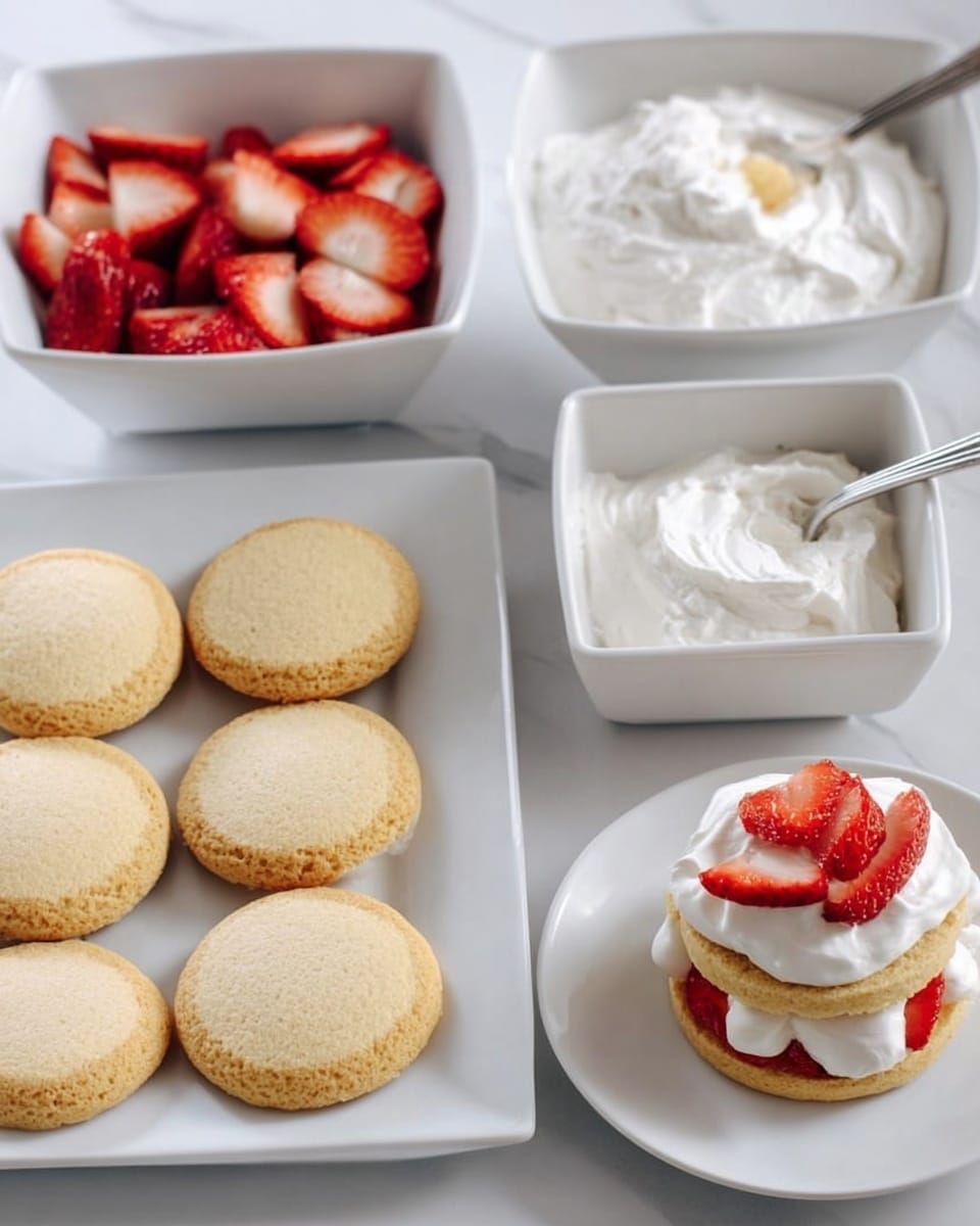 The image shows a white square plate with six round golden layers of soft cookie or cake arranged in two rows. Above this plate are two white square bowls, one filled with sliced red strawberries and the other with white creamy topping with a spoon inside. To the right, there is a close-up view of a white round plate with one golden cake layer topped with a thick spread of white cream. In the background, another white round plate holds a small stacked dessert of two golden cake layers filled and topped with white cream and decorated with strawberry slices. Everything is placed on a white marbled surface. photo taken with an iphone --ar 4:5 --v 7