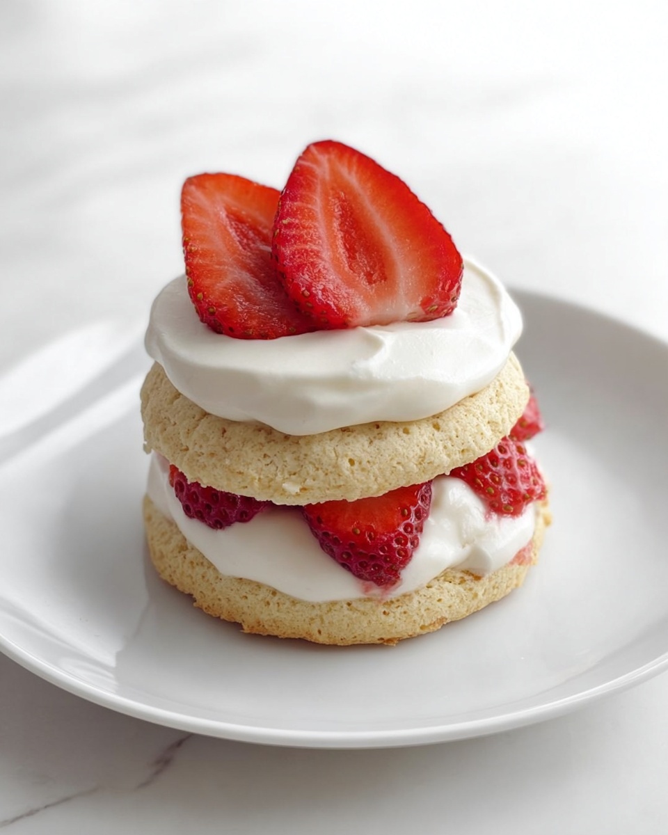 There are two small round layered desserts on white plates, each with three layers. The bottom layer is a light brown biscuit or cake, on top of which is a thick white cream layer with red strawberry slices peeking through. Above this is another light brown biscuit or cake layer, topped with a thick layer of white cream and several sliced strawberries arranged on top. The background and surface have a white marbled texture. photo taken with an iphone --ar 4:5 --v 7