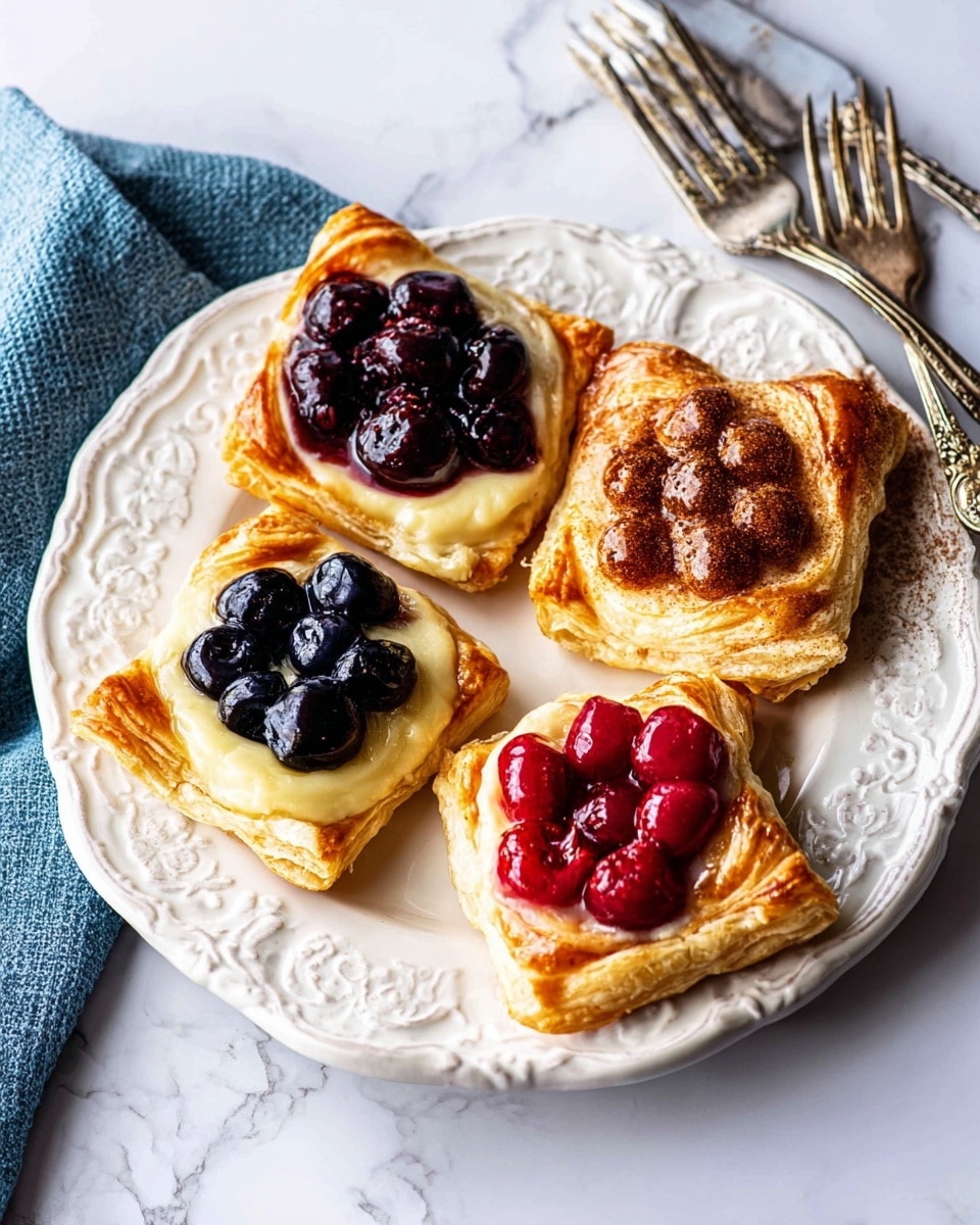 There are four square-shaped pastries with folded edges on a white, ornate plate. Each pastry has three layers: a golden, flaky crust at the bottom, a creamy pale yellow cheese layer in the middle, and a topping of fruit or cinnamon on top. Two pastries have shiny dark blueberries, one has bright red cherries in syrup, and the last one is topped with a cinnamon-sprinkled brown layer. The plate sits on a white marbled surface with a blue cloth napkin and a vintage silver fork beside it. Photo taken with an iphone --ar 4:5 --v 7