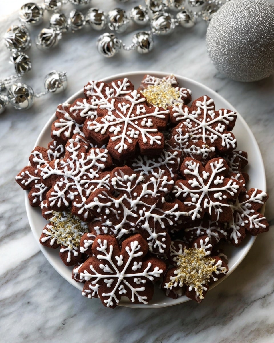 A round white plate filled with brown snowflake-shaped cookies decorated with white icing in various intricate patterns on each cookie, with some cookies sprinkled with white and golden sugar crystals. The cookies are stacked in multiple layers, filling the plate. The plate sits on a white marbled surface with small silver jingle bells scattered around. A silver beaded ornament partly shows on the top edge of the image. Photo taken with an iphone --ar 4:5 --v 7