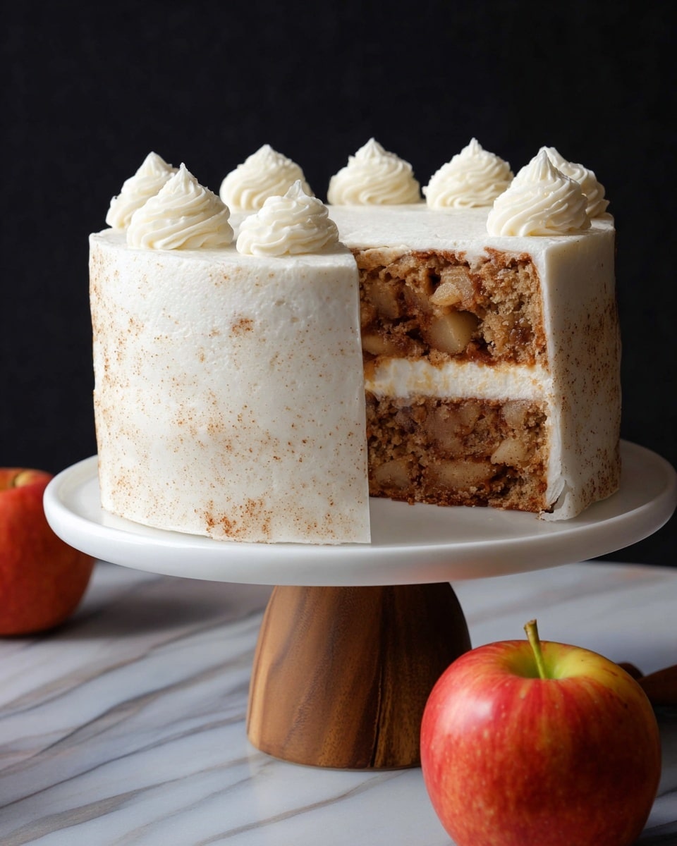 The image shows a two-layer round cake in white frosting with a smooth texture, slightly speckled with brown bits. Each light brown cake layer is moist and dense with visible pieces of apple inside. Between the layers and on top, there is a thick white frosting layer. The cake is decorated with four evenly spaced dollops of white frosting on the top edge. It sits on a white cake stand with a wooden base, set on a white marbled surface. In front of the stand, there is a red apple with yellow-green at the top. The background is dark, making the cake and apple stand out clearly. photo taken with an iphone --ar 4:5 --v 7