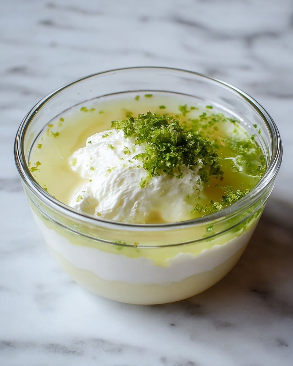 A clear glass bowl sits on a white marbled texture, filled with three visible layers: the bottom layer is thick and white, the middle layer is a translucent pale yellow liquid, and the top layer consists of a white creamy dollop, a small pile of bright green zest, and some scattered green specks. photo taken with an iphone --ar 4:5 --v 7