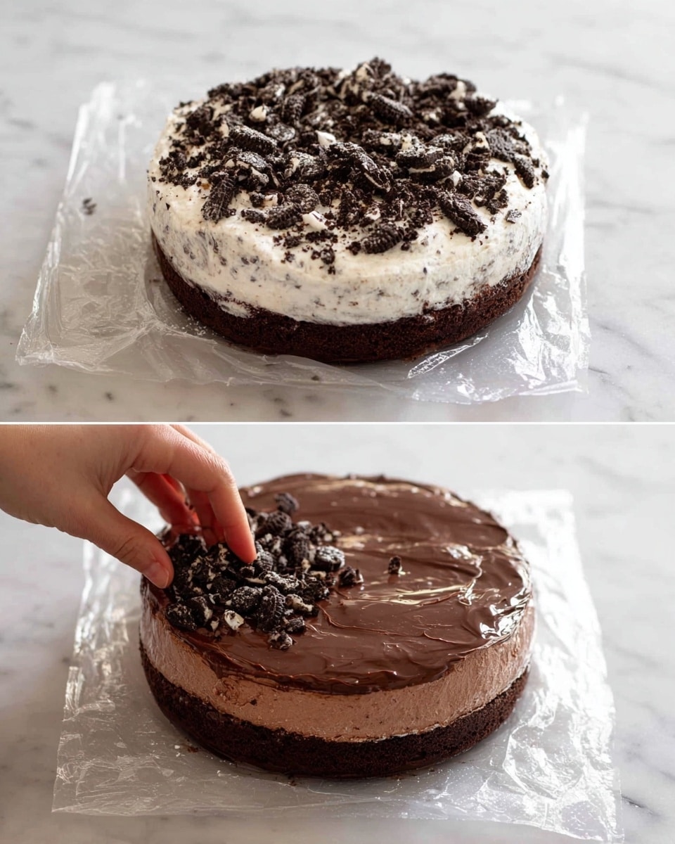 The image shows a two-layered dessert on clear plastic wrap over a white marbled surface. The bottom layer is a thick, rich dark brown cake base with a smooth texture. On top of this is a middle thin layer of glossy chocolate spread, dark and shiny. The top layer is a thick, creamy white ice cream mixed with crushed dark cookie bits, wrapped in transparent plastic. A woman's hand is seen placing more broken cookie pieces on the chocolate spread in the first part of the image. Photo taken with an iphone --ar 4:5 --v 7
