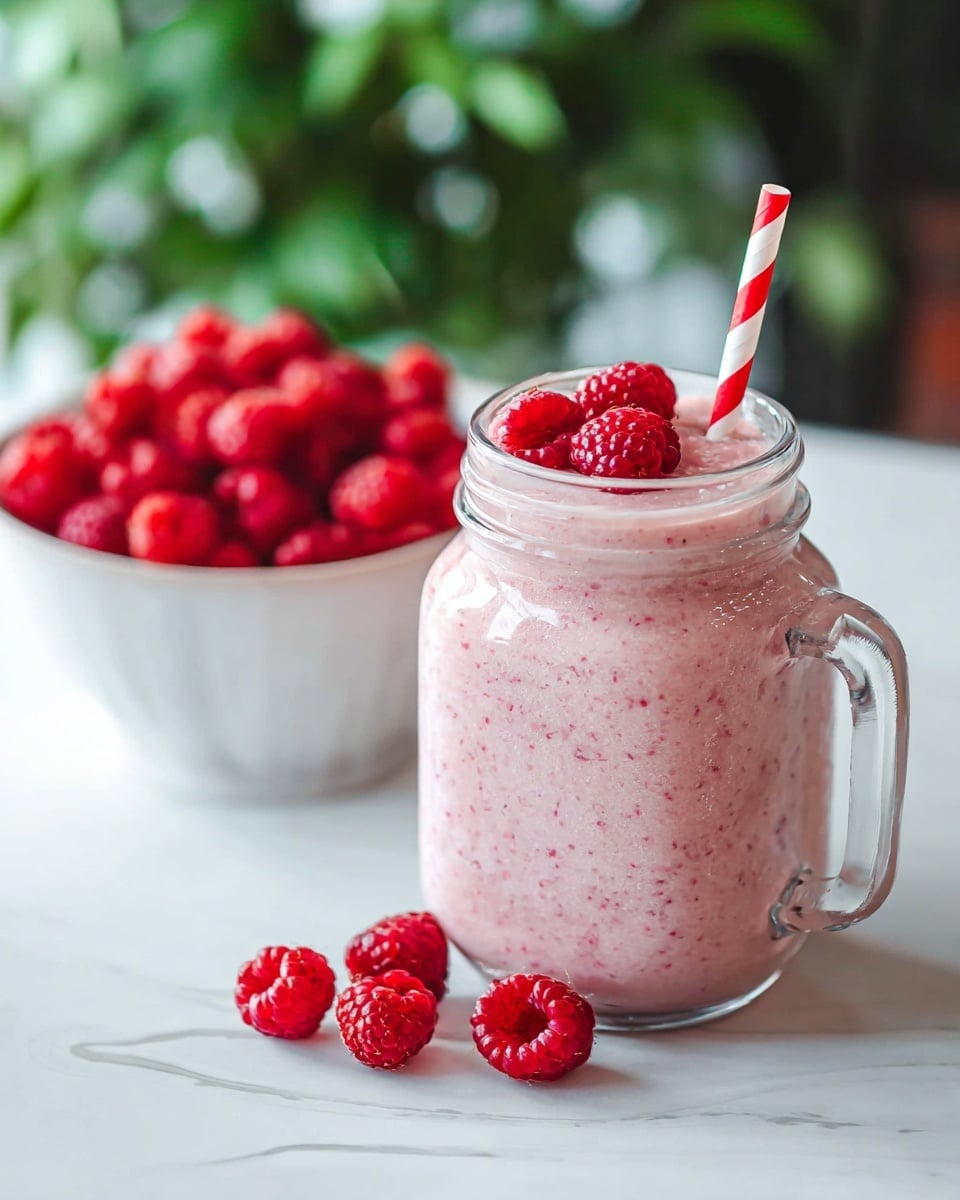 A glass jar with a handle is filled with a thick pink smoothie that has tiny darker pink specks inside. The smoothie is topped with a few whole raspberries, and a red and white striped paper straw is placed in the jar. Around the jar on a white marbled surface are several fresh raspberries. Behind the jar is a white bowl filled with many bright red raspberries, and some green plant leaves are blurred in the background. Photo taken with an iphone --ar 4:5 --v 7