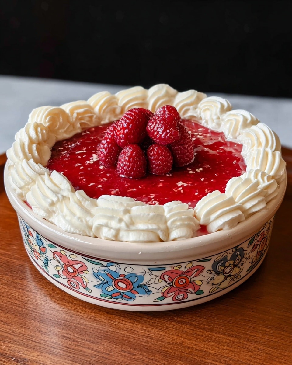 The dish is a raspberry dessert presented in a round white ceramic dish with colorful floral patterns on the sides. It has three layers visible: the bottom layer looks dense and firm, the middle layer is a bright, glossy red raspberry filling with visible seeds and a slightly chunky texture, and the top edge is decorated with thick, swirled white cream piped all around. In the center of the raspberry layer, a cluster of fresh whole raspberries is neatly placed, adding depth and color contrast. The dish sits on a lightly wooden surface with a dark background, but the background will be white marble texture for the request. photo taken with an iphone --ar 4:5 --v 7