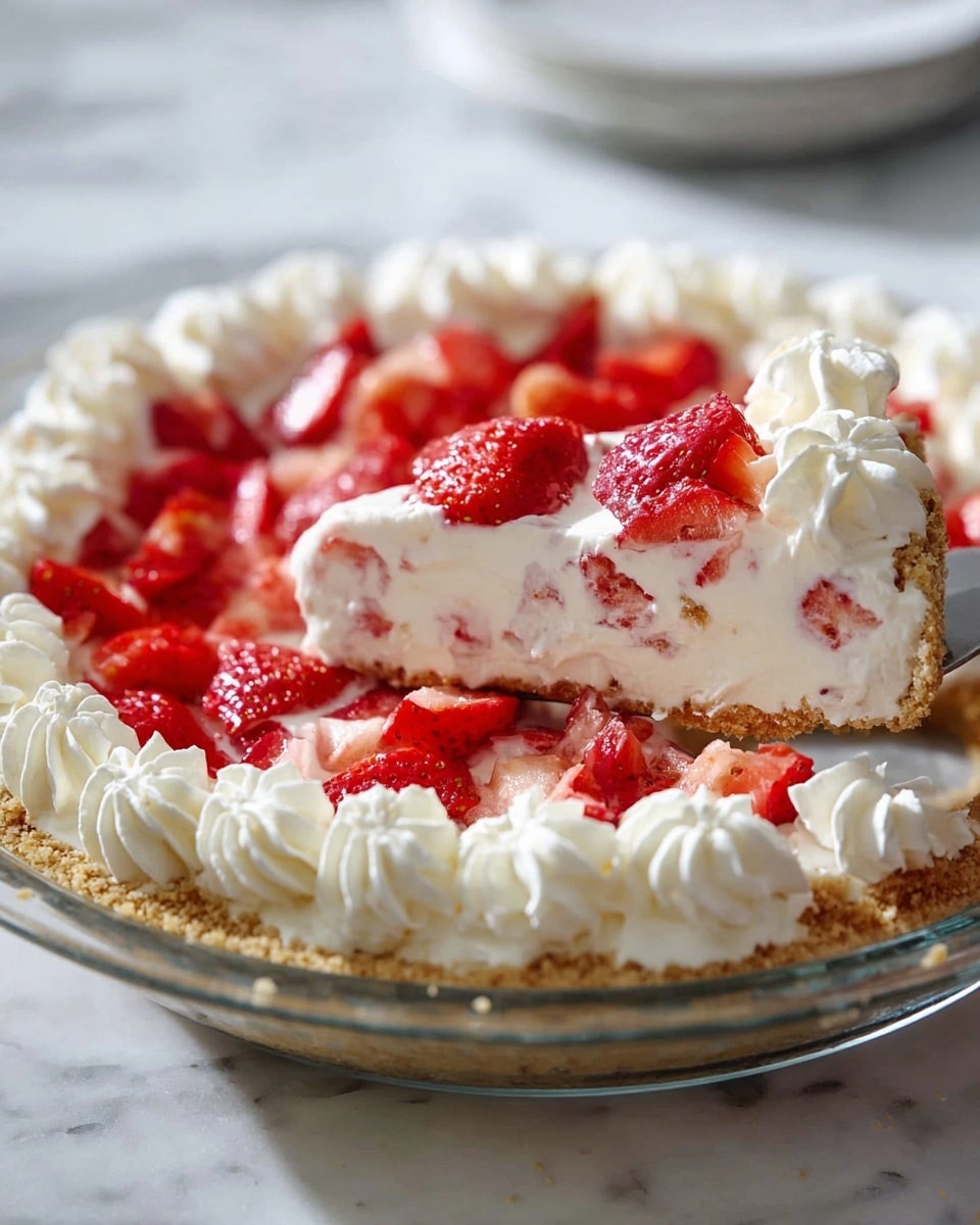 A glass pie dish holds a creamy strawberry pie with a light brown crumb crust base. On top of the crust is a thick, textured white cream filling mixed with small pieces of strawberries. The surface is decorated with bright red sliced strawberries scattered evenly, and around the edge, there are smooth, white whipped cream swirls forming a neat border. A pie server lifts one slice, showing the pie's soft, creamy texture inside. The dish sits on a white marbled textured surface with soft natural light. Photo taken with an iphone --ar 4:5 --v 7