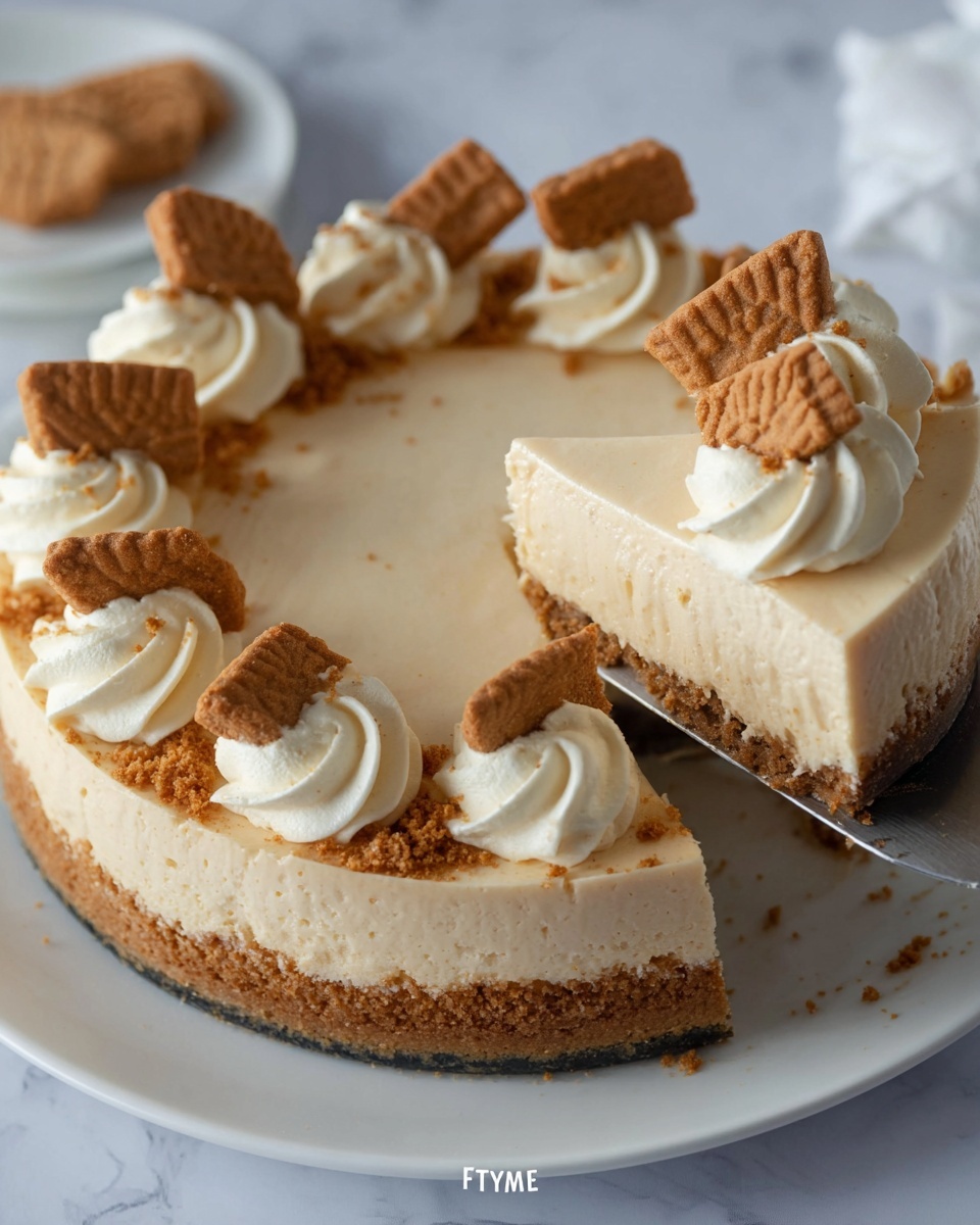 The dessert is a layered cheesecake with three distinct parts: the bottom layer is a thick, crumbly brown crust, the middle layer is a smooth, light beige cream filling, and the top is decorated with swirls of white whipped cream. Around the edge, there are whole rectangular brown cookies standing upright in between the whipped cream swirls. Crushed cookie crumbs are sprinkled on top of the cream layer near the edge. The cheesecake is placed on a white plate on a white marbled surface, with a blurred background. photo taken with an iphone --ar 4:5 --v 7