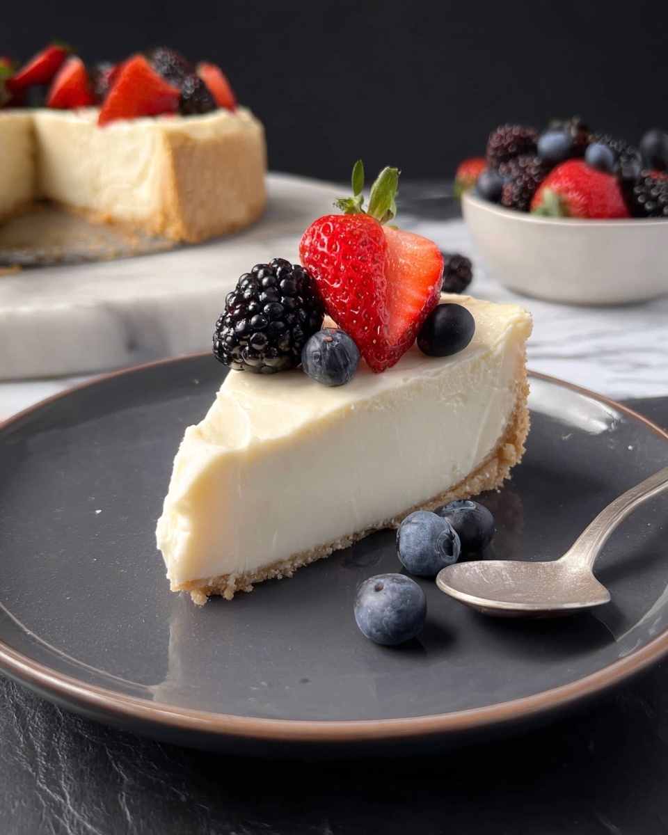 Mascarpone, Lime and White Chocolate Dessert with a Cookie Crust Recipe 6 A single slice of creamy white cheesecake sits on a dark gray plate, showing two main layers: a smooth, thick, pale cream cheese layer on top and a light tan, crumbly crust at the bottom. On top of the cheesecake, bright red strawberries, deep blue blueberries, and a shiny black blackberry create a colorful cluster, with a couple of blueberries resting on the plate beside the slice. In the background, a larger cheesecake with the same creamy layer and berry topping is partially visible on a white marbled surface, along with a small white bowl filled with more fresh berries. A silver spoon lies beside the slice on the plate. photo taken with an iphone --ar 4:5 --v 7