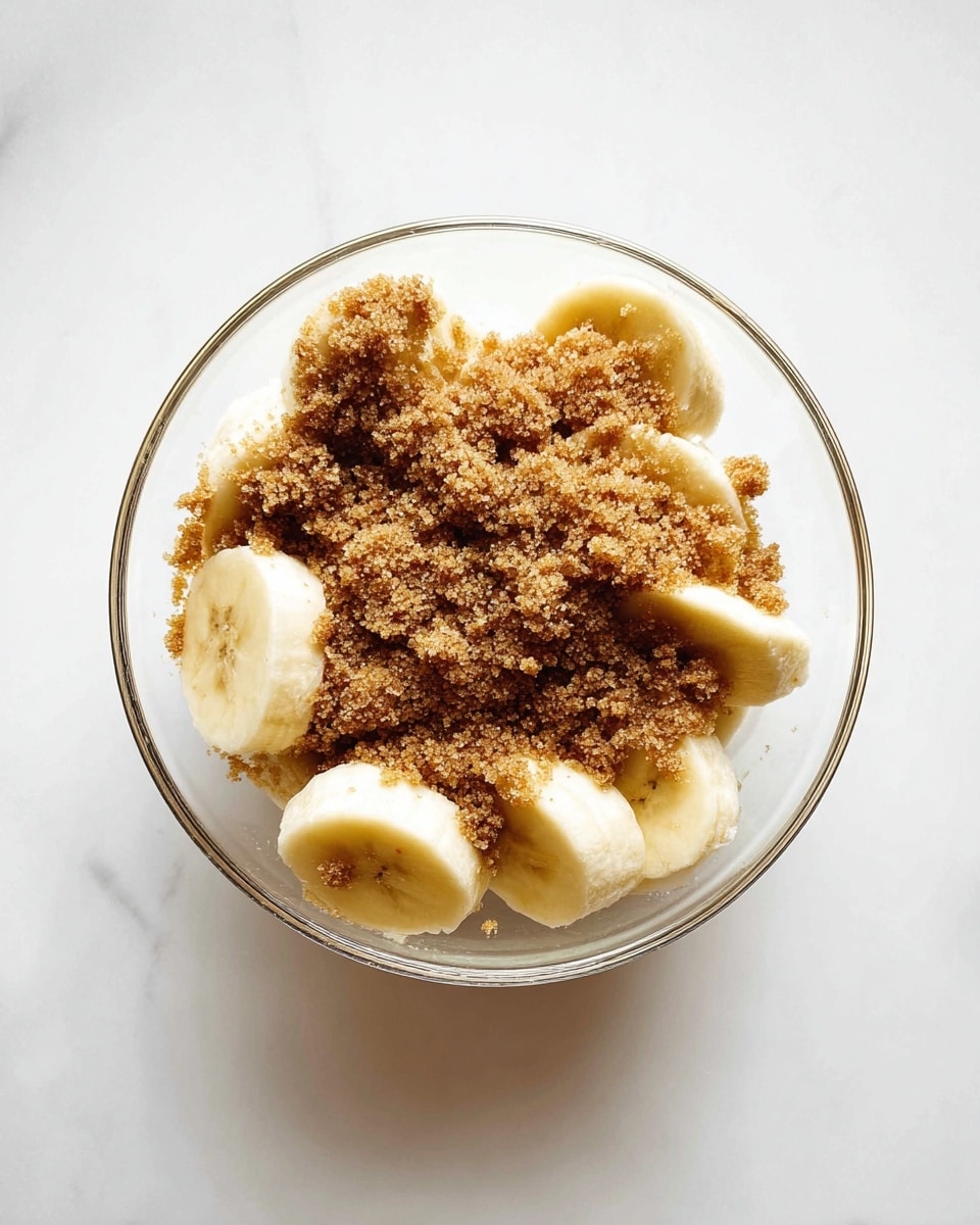 A clear glass bowl sits on a white marbled surface with two visible layers inside: the bottom layer is sliced banana pieces, white-yellow in color with a smooth texture, and the top layer is a generous sprinkle of finely granulated light brown sugar covering the banana slices unevenly. The photo is taken from above, showing the irregular shapes and textures clearly. photo taken with an iphone --ar 4:5 --v 7