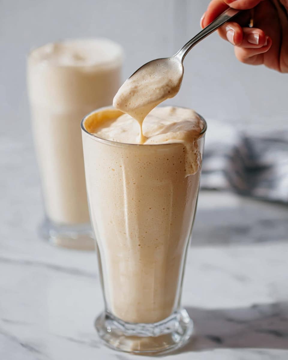 A tall clear glass filled nearly to the top with a thick, creamy beige milkshake showing small bubbles and a smooth, soft texture. The milkshake has a slightly darker beige foam layer on top that a silver spoon lifts, with some dripping back into the glass. There is a hint of melted drink on the glass rim, adding a natural look. In the background, a second identical glass is slightly blurred, sitting on a white marbled surface. A woman’s hand holds the spoon from the top right corner. photo taken with an iphone --ar 4:5 --v 7