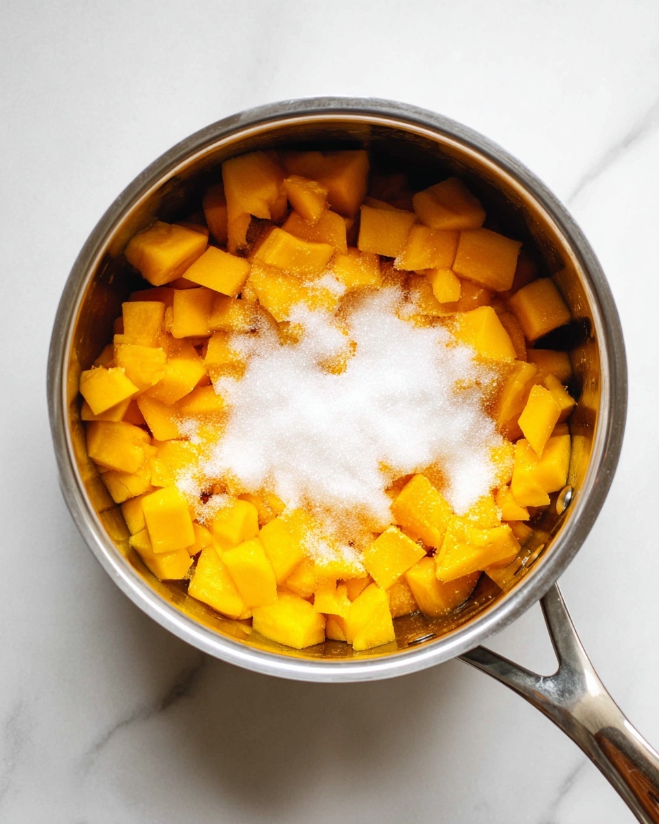 The image shows a silver saucepan filled with two layers: the bottom layer is made up of many small, bright orange cubes of fruit, likely mango or peach, with a smooth, slightly shiny texture; the top layer is a powdery white substance, probably sugar, scattered unevenly over the fruit. The saucepan handle is visible on the right side, and the pot rests on a white marbled surface. The photo is taken from above, showing the contents clearly in natural light. photo taken with an iphone --ar 4:5 --v 7