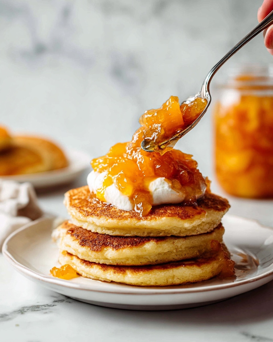 A white plate holds a stack of three golden-brown pancakes, each thick and fluffy with a slightly crispy texture on the edges. On top of the pancakes is a layer of white cream, soft and smooth, topped with a shiny, chunky orange fruit compote that looks juicy and syrupy. Some of the compote drips down the sides of the pancakes and pools on the plate. A woman's hand holds a spoon, scooping some of the fruit compote from the top pancake. The background is a white marbled texture with a blurred glass jar filled with more of the orange fruit compote in the back. Photo taken with an iphone --ar 4:5 --v 7
