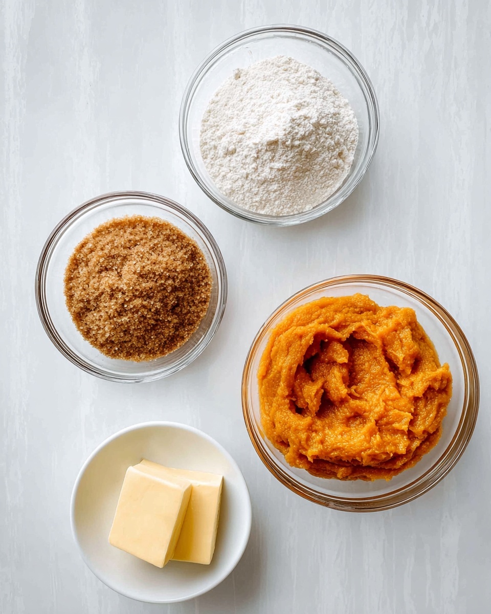 The image shows four small bowls with ingredients placed on a white marbled surface. The largest bowl, at the top right, contains an orange and thick textured mixture that looks smooth but with some lumps. To its left is a clear glass bowl filled with white powder, likely flour, with a slightly cracked surface. Below this bowl is another clear glass bowl holding tightly packed brown sugar with a crumbly texture. At the bottom left corner, there is a small white bowl holding two square pieces of yellow butter with smooth edges. The setup is clean and bright, focused on the ingredients. photo taken with an iphone --ar 4:5 --v 7