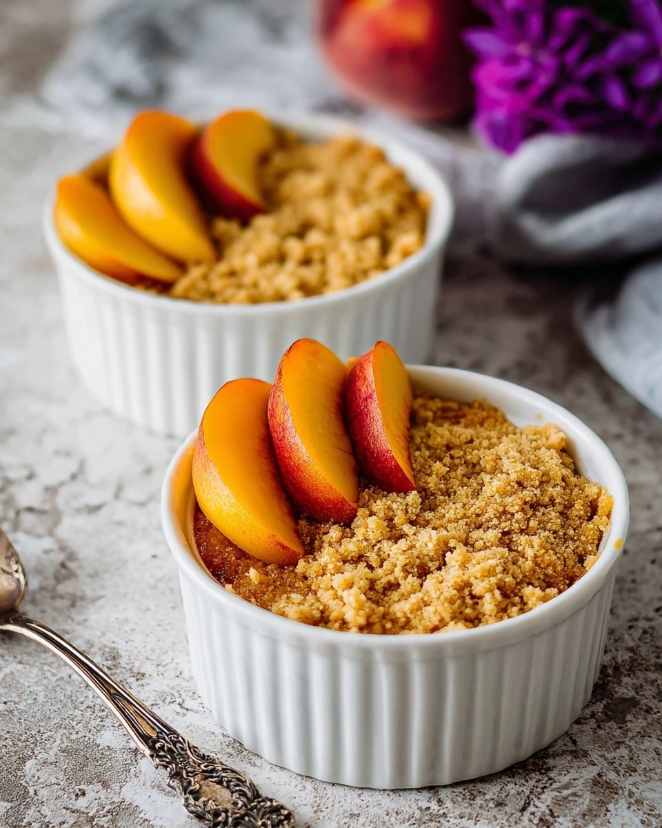Two white ramekins filled with a crumbly dessert are shown on a white marbled textured surface. Each ramekin has a thick layer of golden brown crumb topping with a rough, grainy texture, covering the entire surface of the dessert. On top of the crumbs, on one side of each ramekin, there are three glossy peach slices with yellow and orange shades, arranged slightly overlapping in a neat row. An ornate silver spoon lies next to the front ramekin, and a blurred purple flower is visible in the background. Photo taken with an iphone --ar 4:5 --v 7