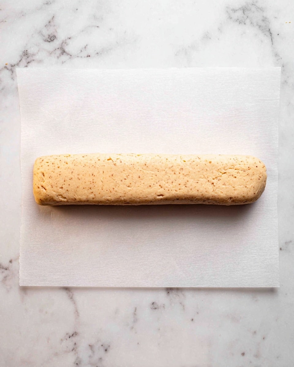 A single bar of light beige dough with small brown specks is placed horizontally on a square sheet of white parchment paper. The dough bar has a smooth, slightly textured surface with rounded edges and a firm but soft appearance. The parchment paper and dough rest on a white marbled surface. Photo taken with an iphone --ar 4:5 --v 7