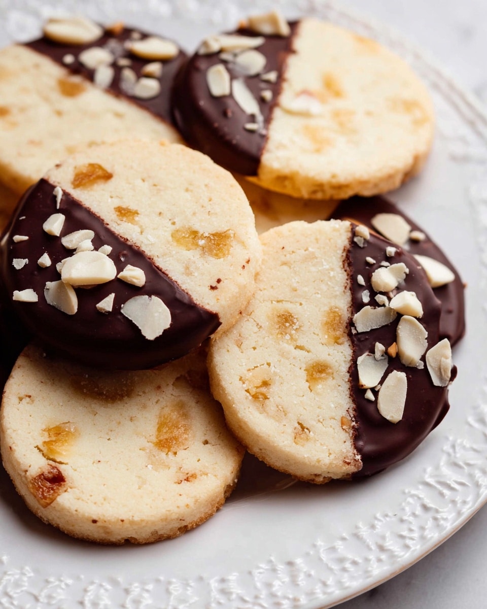The image shows a close-up of round shortbread cookies. Each cookie has a pale beige base with small golden brown spots and visible pieces of chopped nuts inside. About half of each cookie is dipped in a smooth, dark chocolate coating, which is topped with small, uneven white nut pieces. The cookies are placed on a white plate with a delicate embossed pattern, and the plate is sitting on a white marbled surface. The texture of the cookies looks crumbly and tender, while the chocolate appears glossy and thick. photo taken with an iphone --ar 4:5 --v 7