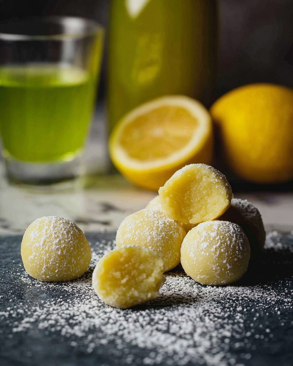 Seven small round lemon balls are placed on a dark surface sprinkled with powdered sugar. One ball is broken in half, showing a soft, creamy yellow inside. Behind the lemon balls, there are two whole lemons and one lemon half with bright yellow skin and juicy inner flesh. A glass with green-yellow liquid and a bottle with similar colored content are blurred in the background. The whole scene is set against a white marbled texture. photo taken with an iphone --ar 4:5 --v 7