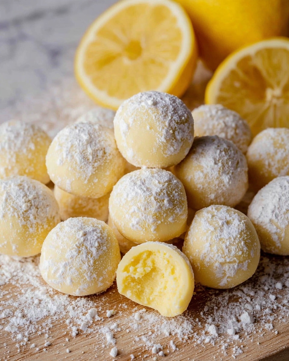 The image shows about a dozen round lemon-flavored truffles arranged closely together on a light wooden surface with a sprinkling of white powdered sugar both on the truffles and the surface. The truffles are pale yellow with a smooth texture and a dusting of powdered sugar giving them a soft white layer on top. One truffle at the front is slightly bitten, revealing a creamy and dense yellow interior. In the background, there are two lemon halves and one whole lemon, all bright yellow and fresh-looking, adding a vibrant contrast to the pale truffles. The whole scene is set on a white marbled texture. Photo taken with an iphone --ar 4:5 --v 7