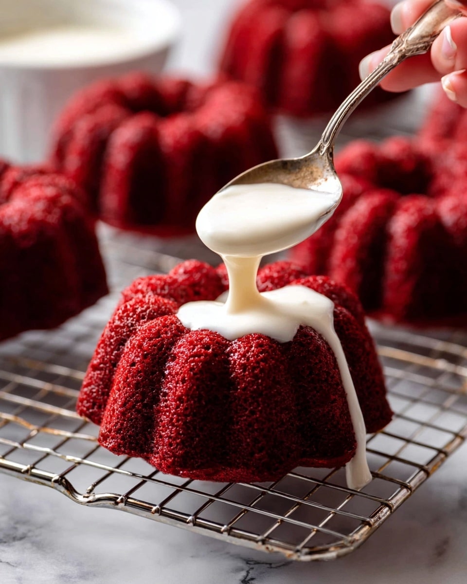 A close-up image shows a small red bundt cake with a rough, textured surface sitting on a metal cooling rack. The cake has one layer and a deep red color, almost like velvet. A woman's hand is holding an antique-looking silver spoon above the cake, and thick white cream is slowly dripping from the spoon into the hole in the center of the bundt cake. In the blurry background, there are more red bundt cakes on the rack and a white bowl of cream. The surface below is a white marbled texture. photo taken with an iphone --ar 4:5 --v 7