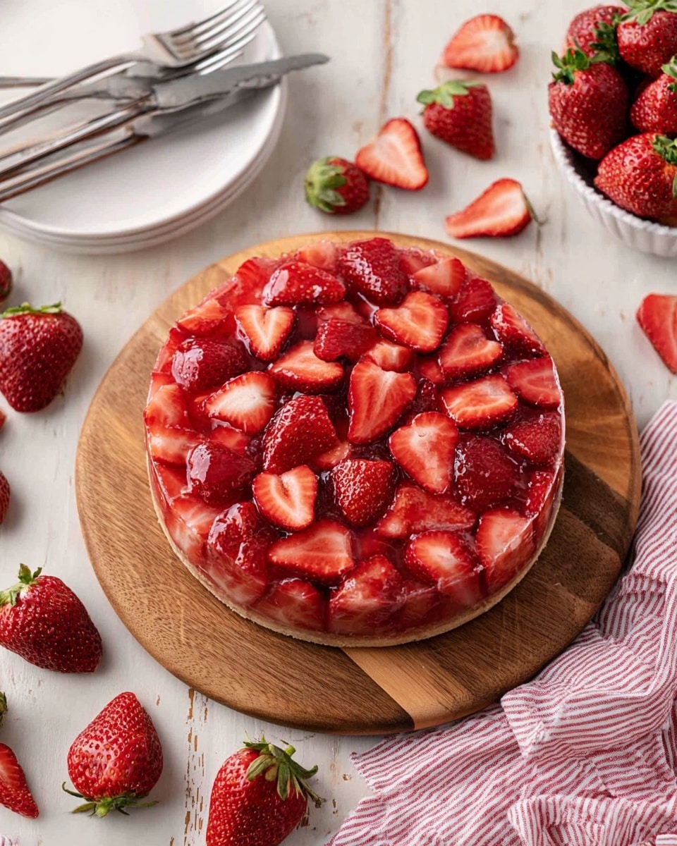 A round strawberry dessert is placed on a wooden round board. The dessert has one visible layer made of sliced strawberries tightly packed on the top, showing their bright red color and juicy texture. Around the dessert, there are whole and halved strawberries scattered on a white marbled surface. To the left, a white plate holds three silver forks, and a white bowl filled with more fresh strawberries is also visible. On the right side, a pink and white striped cloth lies casually on the white marbled surface. photo taken with an iphone --ar 4:5 --v 7