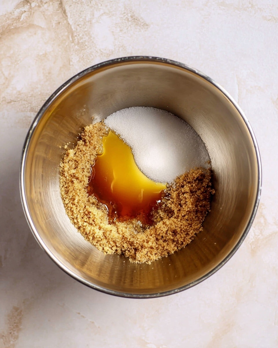 Inside a silver metal mixing bowl, there are three layers of ingredients: a white granular layer of sugar at the top center, a golden brown grainy layer of brown sugar on the bottom half, and a shiny amber liquid layer of honey pooling in the center over the sugars. The bowl sits on a white marbled texture surface. photo taken with an iphone --ar 4:5 --v 7