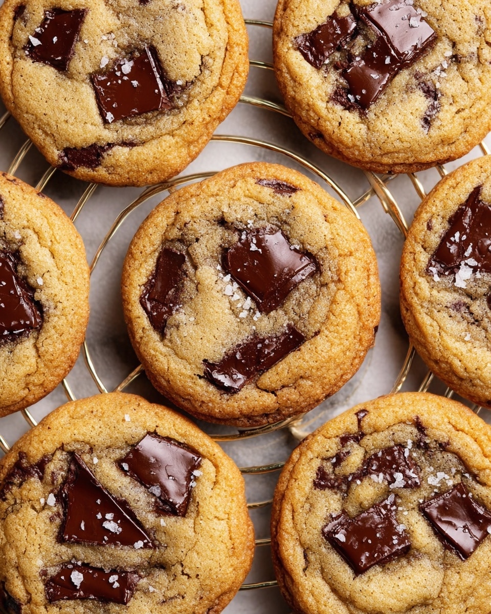 This is a close-up view of seven golden-brown cookies on a round metal cooling rack with a white marbled surface underneath. Each cookie is thick and slightly rounded with a soft texture and has large, shiny dark chocolate chunks partially melted on the top, creating glossy dark patches. Some pieces are scattered unevenly across each cookie’s surface. A few spots have light sprinkles of flaky sea salt that add a subtle contrast to the warm cookie color. The photo is detailed, showing soft cracks and a cozy, fresh-baked look. photo taken with an iphone --ar 4:5 --v 7