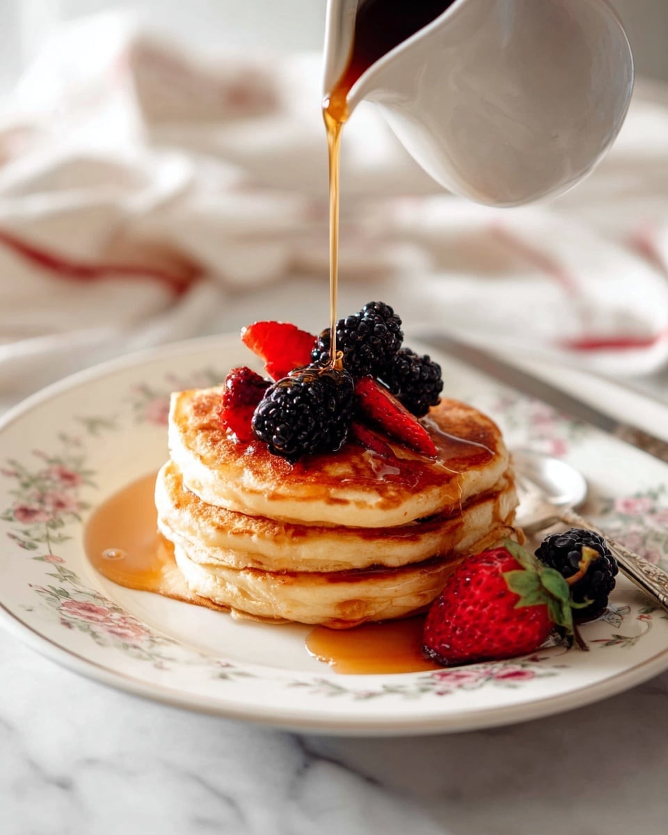 Pancakes for One Recipe 6 A stack of three golden brown pancakes sits in the center of a white plate with delicate floral patterns. On top of the pancakes are whole blackberries and slices of red strawberries. A clear amber syrup is being poured from a white pitcher onto the pancakes, pooling around the berries and dripping over the sides. Next to the stack on the plate are an additional strawberry and blackberry. Behind the plate, a silver fork rests on a white marbled surface, and a soft white cloth with red stripes lies blurred in the background. The setting has a soft, natural light that highlights the warm colors of the food. photo taken with an iphone --ar 4:5 --v 7