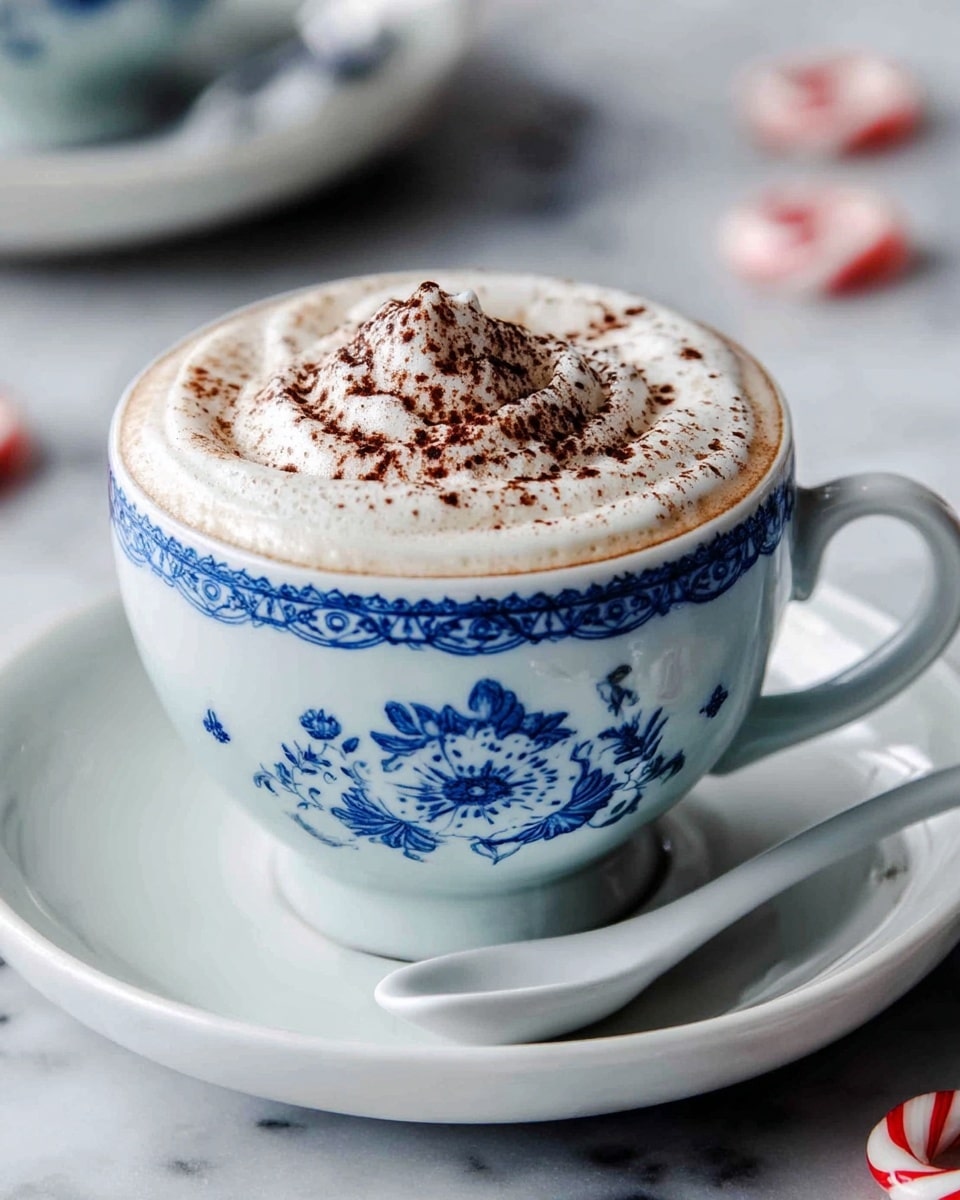 A white cup decorated with a blue floral pattern around its middle and blue designs near the rim holds a creamy drink layered with thick white foam topped with a sprinkle of dark brown powder, resting on a white saucer that also holds a small white spoon. The cup and saucer sit on a white marbled surface, with a few blurred peppermint candies scattered nearby. Photo taken with an iphone --ar 4:5 --v 7