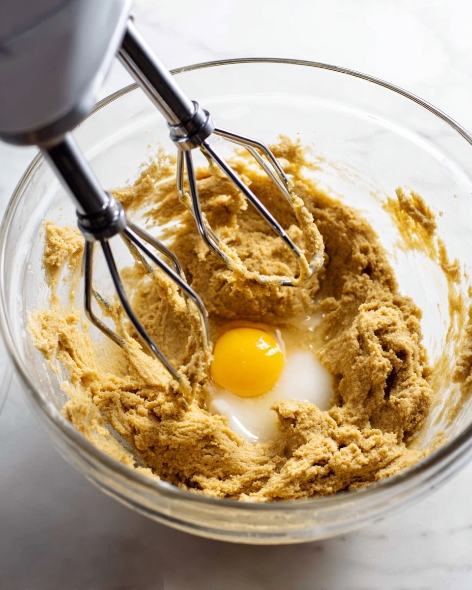 A clear glass bowl on a white marbled surface holds a thick, light brown dough mixture with a raw egg yolk and egg white sitting in the center, about to be mixed. Two metal beaters attached to a white electric mixer are partially immersed in the dough, with dough clinging to the beaters. The texture of the dough looks dense and rough, with small clumps visible around the edges. Soft natural light highlights the shiny metal of the beaters and the smooth surface of the egg yolk. Photo taken with an iphone --ar 4:5 --v 7