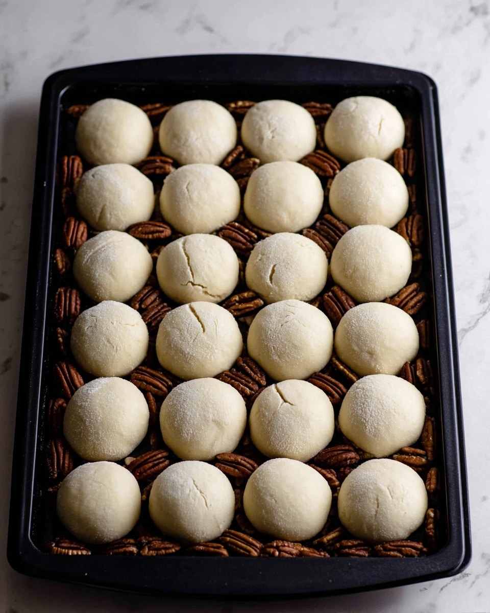 A black rectangular baking tray holds a neat grid of 20 dough balls arranged in four rows of five. Each dough ball is smooth, round, and pale, with a slightly powdery surface and subtle cracks, sitting evenly spaced apart. Below the dough balls is a single layer of whole pecans with a dark brown, textured shell, filling the base of the tray. The tray is placed on a surface with a white marbled texture. photo taken with an iphone --ar 4:5 --v 7
