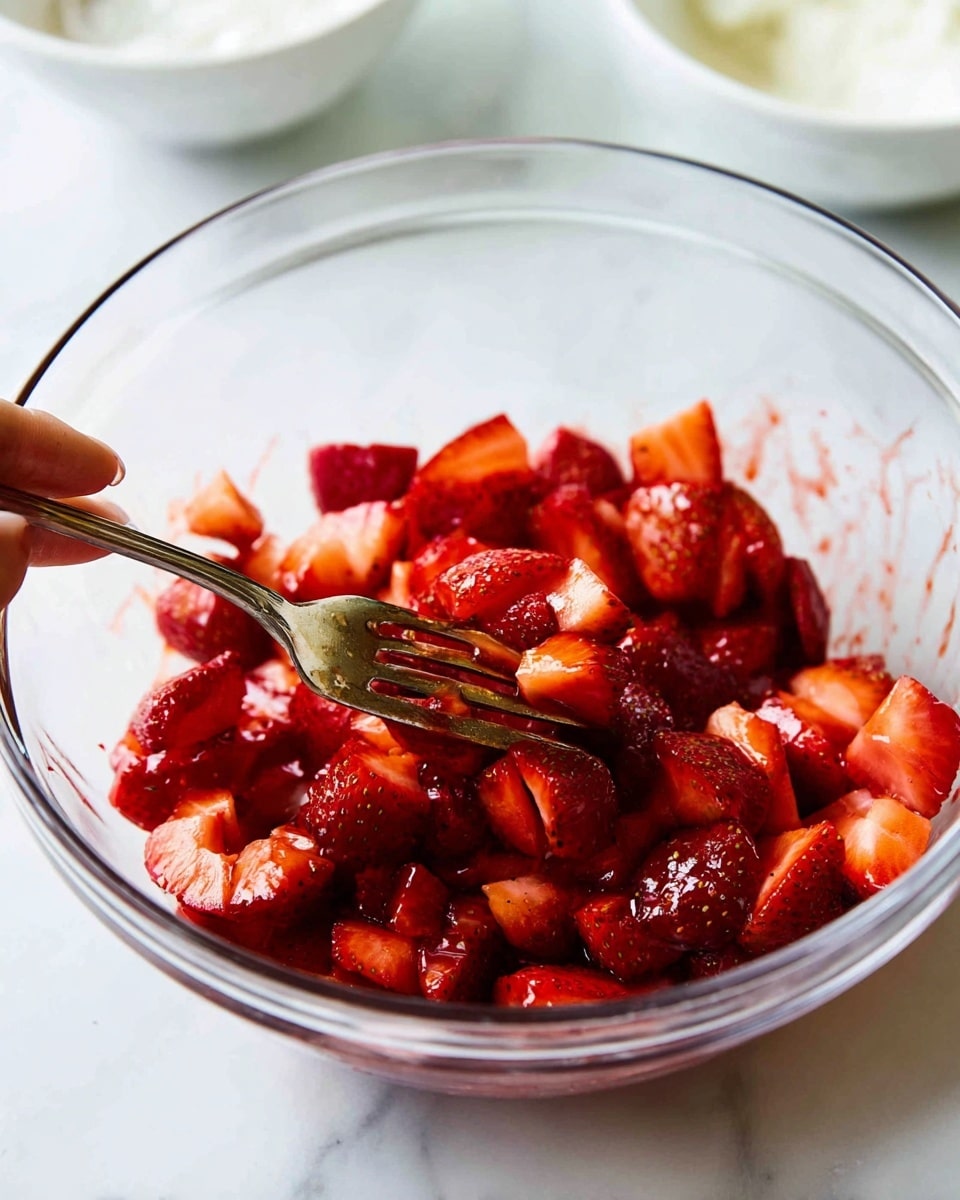 A clear glass bowl holds bright red, chopped strawberries mixed with juice, giving the pieces a shiny, wet look. A woman's hand is holding a fork inside the bowl, slightly stirring or pressing the strawberries. The background is a white marbled surface, with two blurred white bowls visible in the top part of the image. The focus is mainly on the strawberries and fork in the clear bowl, showing the rich, fresh red color and soft texture of the fruit. photo taken with an iphone --ar 4:5 --v 7