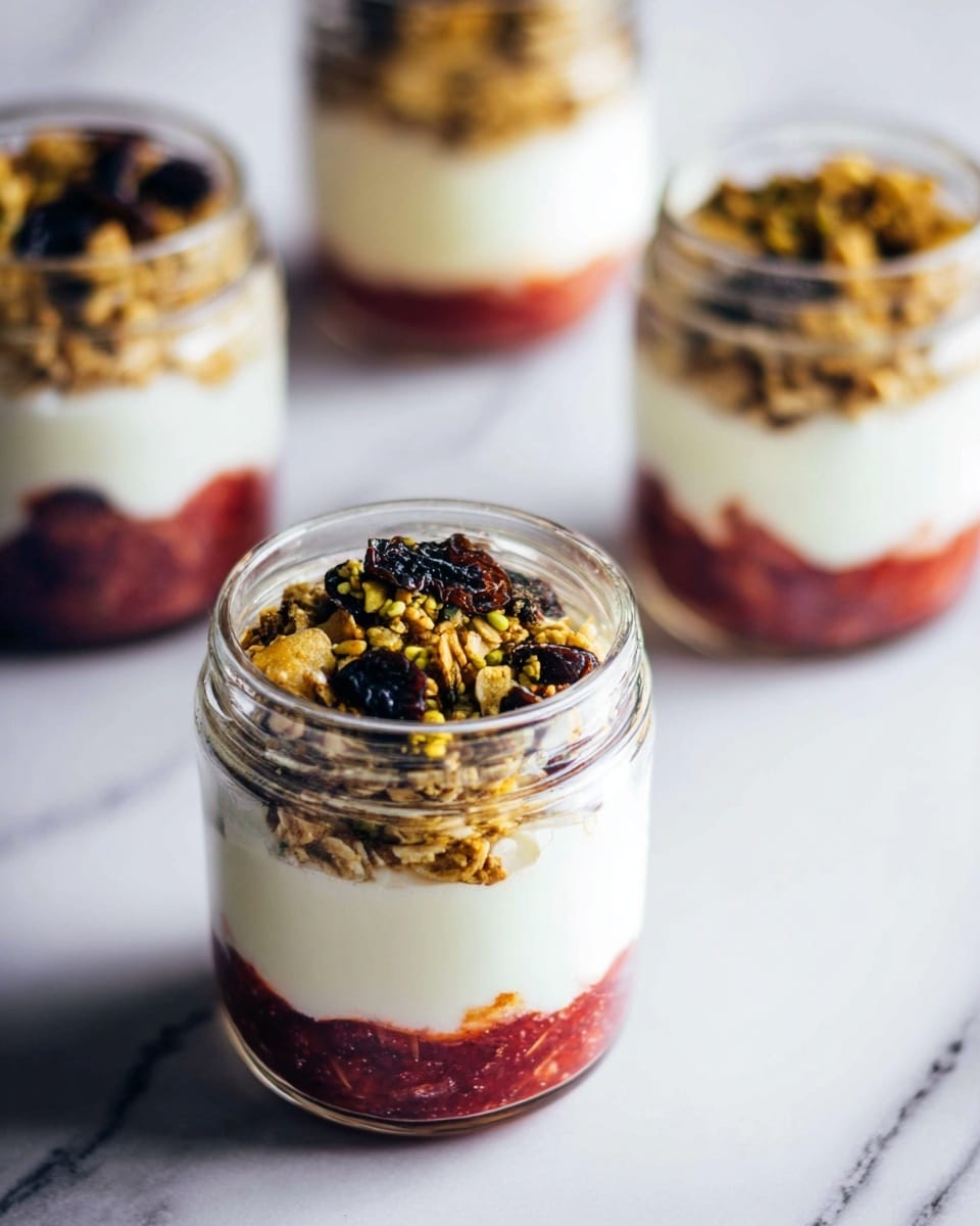 The image shows three small clear jars filled with a three-layer dessert placed on a white marbled surface. Each jar has a bottom layer of chunky red fruit compote, a middle layer of smooth white yogurt or cream, and a top layer of golden brown granola with visible oats, seeds, and small dark dried fruits. The jars are arranged with one jar in the front sharply in focus, and the other two jars blurred in the background, creating depth. The lighting is bright and natural, highlighting the textures and colors clearly. photo taken with an iphone --ar 4:5 --v 7