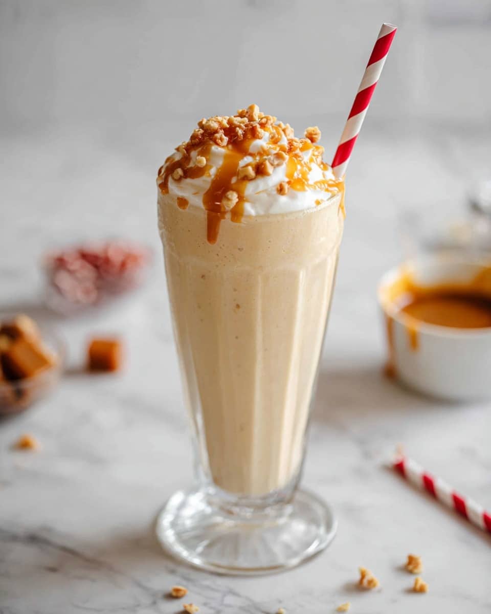 A tall clear glass with a creamy light beige milkshake inside, topped with a thick layer of white whipped cream. On top of the whipped cream is a golden caramel sauce drizzled unevenly with small crunchy brown bits sprinkled around. A red and white striped straw sticks out from the right side of the glass. The glass is set on a white marbled surface, with a blurred background featuring a small white bowl with caramel and a few scattered caramel chips. Photo taken with an iphone --ar 4:5 --v 7