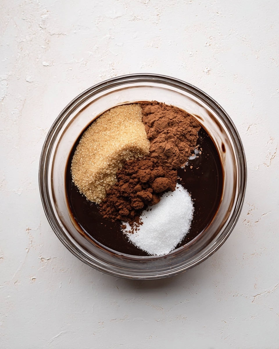 A clear glass bowl sits on a white marbled surface, holding four distinct layers of ingredients. The bottom layer is a dark, smooth liquid chocolate mixture that fills most of the bowl. On top of this, three dry ingredients rest separately but close: a mound of light brown sugar with a soft, grainy texture, a pile of fine white sugar sparkling slightly, and a cluster of dark brown cocoa powder with a powdery and slightly crumbly texture. The layers are clearly separated and arranged in a loose triangular shape within the bowl. photo taken with an iphone --ar 4:5 --v 7
