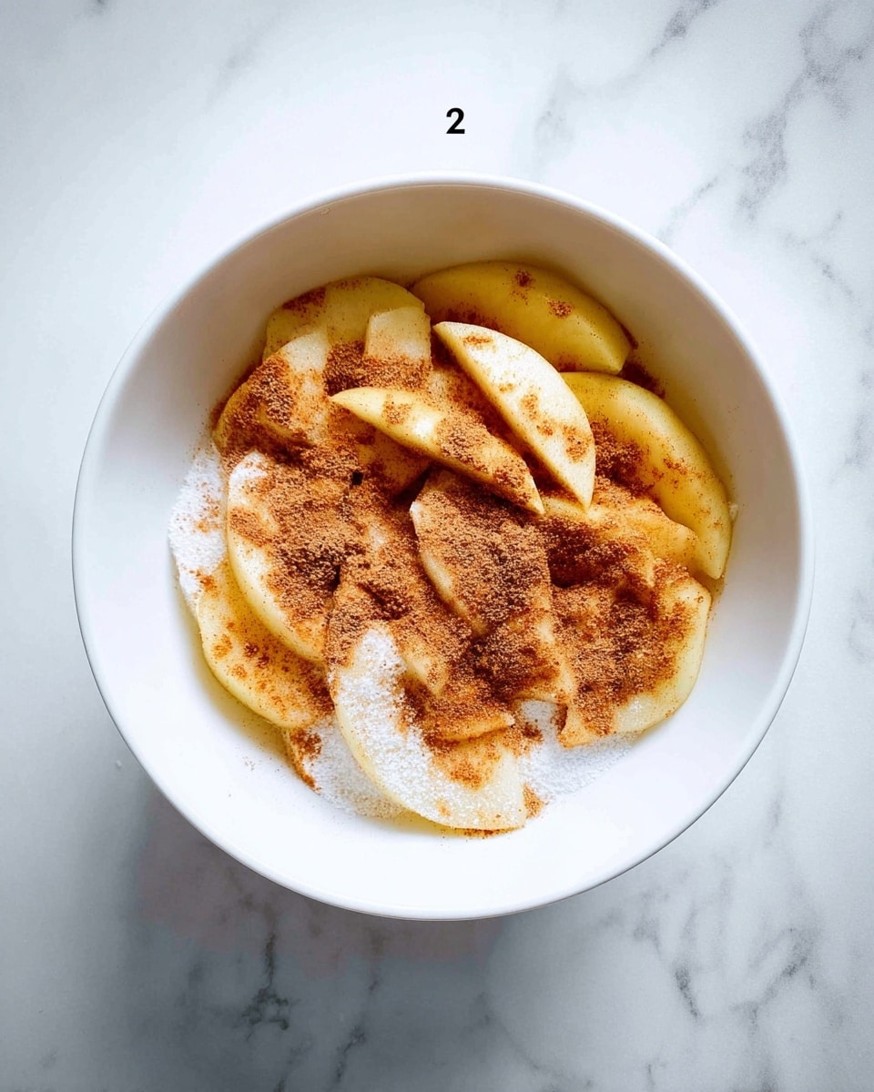 A white bowl filled with sliced pale yellow apples layered flat inside, topped with a light dusting of white sugar and a generous sprinkle of cinnamon powder, giving the surface a mix of soft white and warm brown colors. The bowl is placed on a white marbled textured surface. photo taken with an iphone --ar 4:5 --v 7