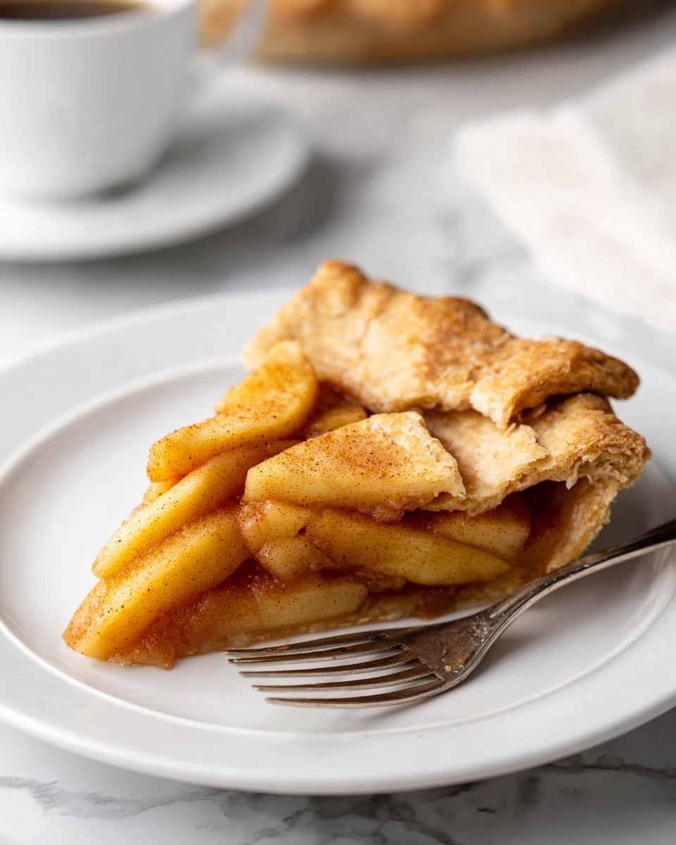 A single slice of apple pie sits on a white plate with a silver fork beside it. The pie has a golden brown crust with a folded edge, and inside, several slices of cooked apples are visible, coated in a mix of cinnamon and sugar, giving them a warm, slightly shiny look. The apples are soft and layered, showing a light yellow to golden color, with specks of brown spice. The plate rests on a white marbled surface, and in the blurred background, there's a hint of a white cup and saucer. photo taken with an iphone --ar 4:5 --v 7