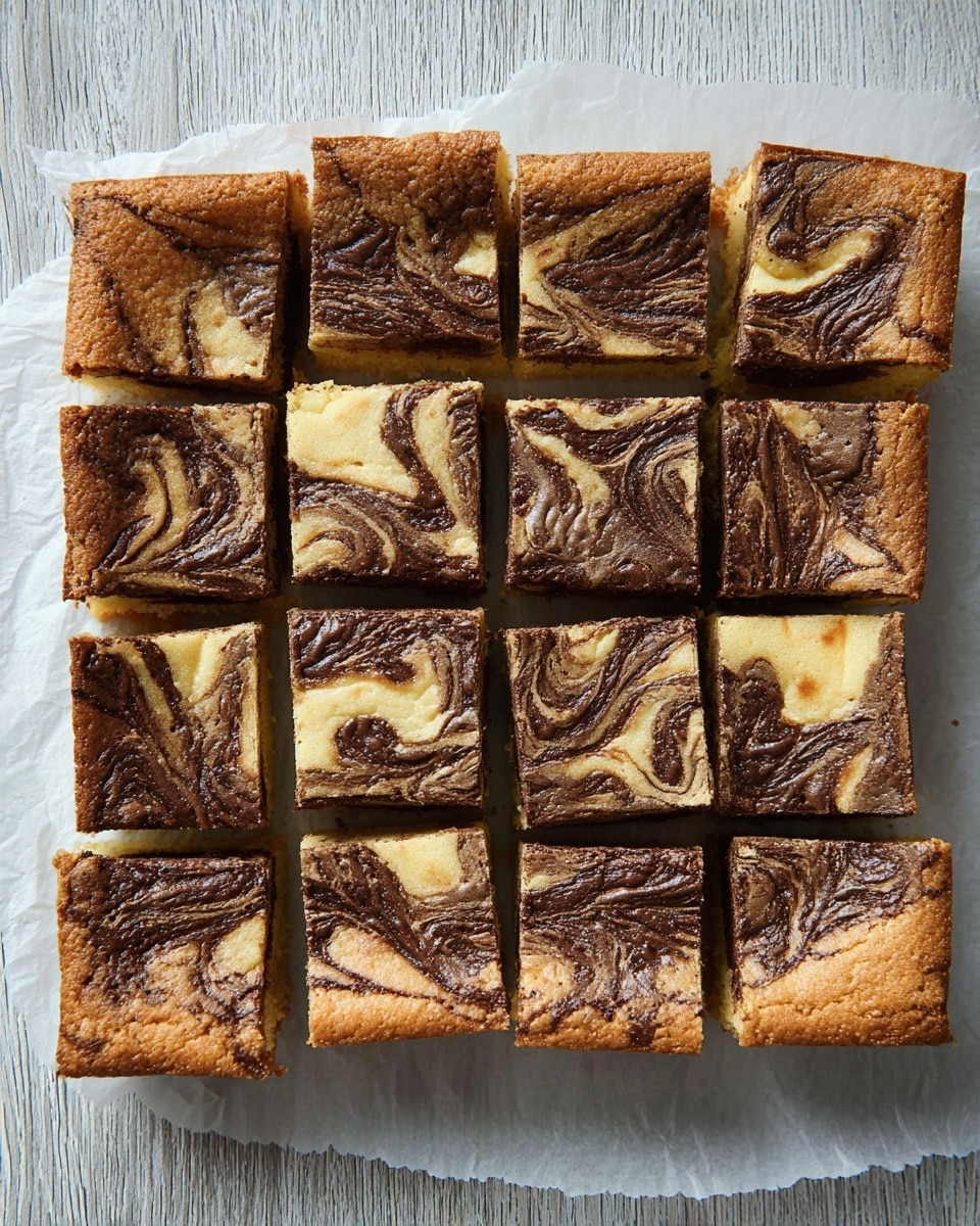 The image shows sixteen square pieces of marble cake arranged in a 4x4 grid on a sheet of white parchment paper. Each square has a swirled pattern on top made of two layers: a light golden yellow cake base and a dark brown chocolate swirl layer that creates a marbled effect. The texture looks soft with a slightly crunchy edge. The cake is placed on a flat surface with a white marbled texture. photo taken with an iphone --ar 4:5 --v 7