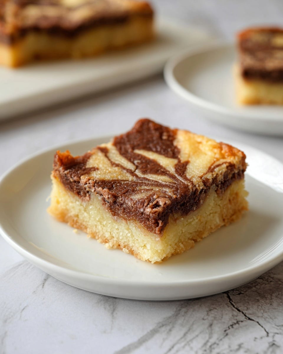 A square piece of dessert with two visible layers sits in the center of a white plate on a white marbled surface. The bottom layer is light yellow and crumbly, while the top layer has a rich brown color with a swirled pattern of lighter brown textures, creating a marbled effect. The dessert's top edge shows a slight crunch, and the background includes a blurred second plate with a similar piece of dessert. Photo taken with an iphone --ar 4:5 --v 7