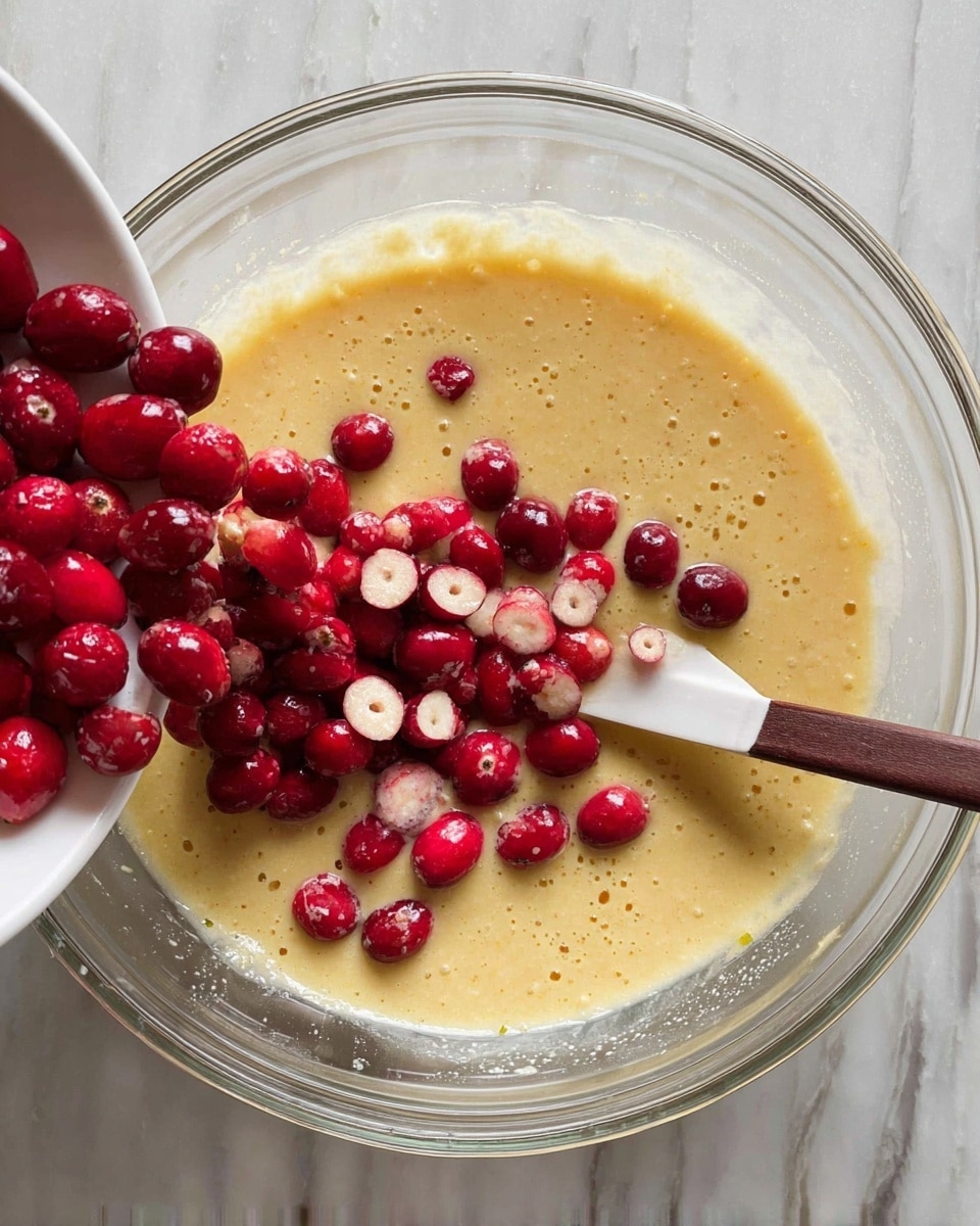 A clear glass bowl holds a light yellow, thick batter with small bubbles on its surface, showing a smooth and creamy texture. Fresh, whole and some halved bright red cranberries with white inner cores are being poured from a white bowl into the batter, landing mostly on the left side of the bowl. A white spatula with a dark brown handle is partially submerged in the batter, angled slightly to the right, and extends diagonally across the bowl. The bowl sits on a white marbled surface with subtle grey and dark speckles. Photo taken with an iphone --ar 4:5 --v 7