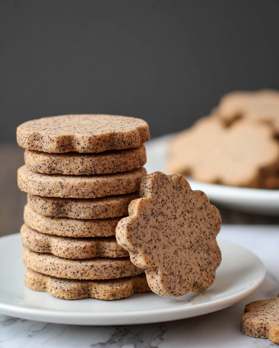 On a white plate, there is a stack of seven round, light brown cookies with small dark specks throughout, showing a rough texture. Leaning beside the round cookies is a smaller stack of four flower-shaped cookies of the same color and texture. In the background, there is a blurred image of more flower-shaped cookies on another white plate. The setting has a white marbled surface and a dark gray backdrop. photo taken with an iphone --ar 4:5 --v 7