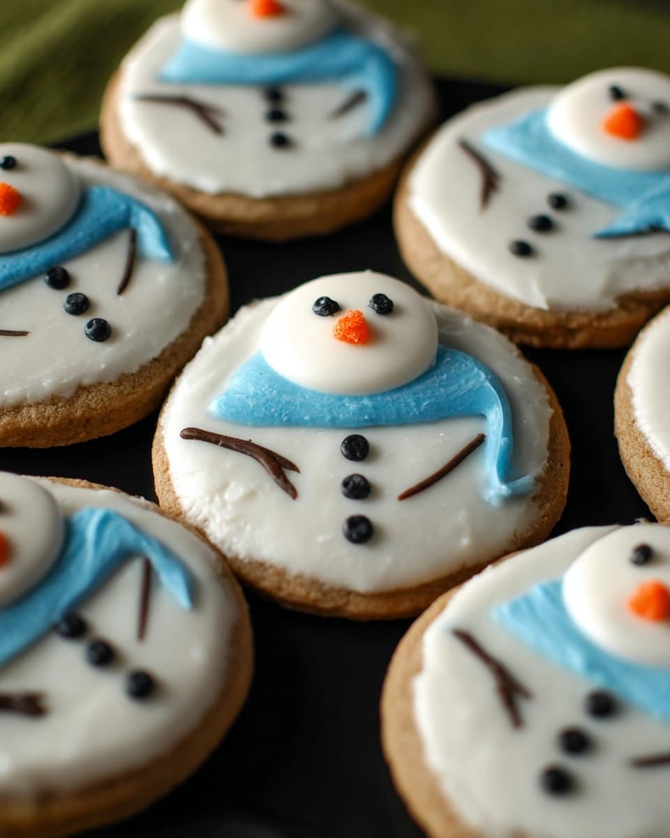 A close-up of round, light brown cookies with a smooth white icing base layer spread on top. Each cookie features a small, three-dimensional white snowman head made of icing placed near the top center, decorated with small black eyes and a tiny orange carrot nose. A flat light blue scarf made of icing wraps around the snowman’s neck, spreading downwards. Simple black icing lines form thin stick arms and three buttons down the middle on the white icing base. The cookies are arranged on a black surface with a blurred green background. photo taken with an iphone --ar 4:5 --v 7