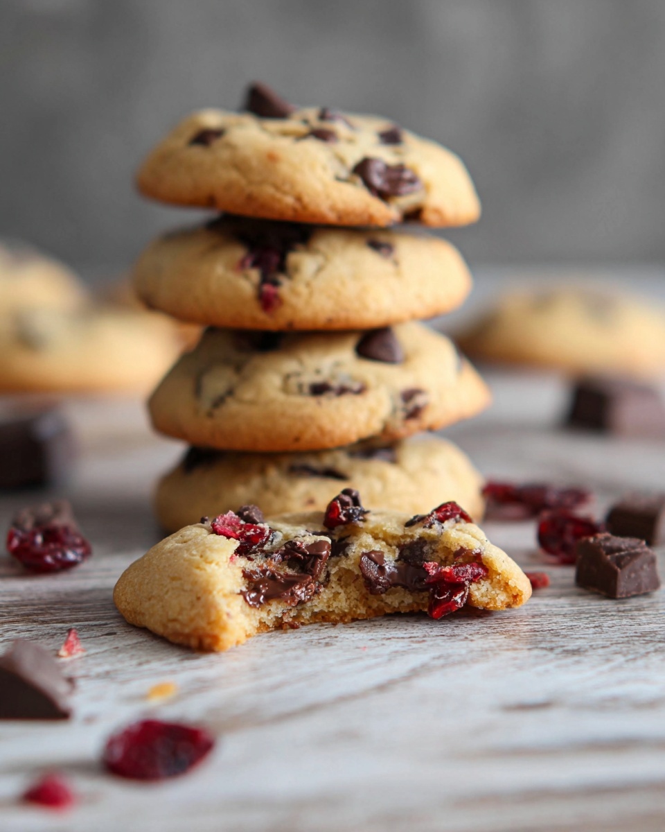 The image shows a stack of five golden-brown cookies with dark chocolate chunks and bits of dried red fruit mixed in, arranged on a white marbled surface. In front of the stack, there is one cookie broken in half, revealing its soft inside with melted chocolate chunks and pieces of red fruit. Nearby, whole chocolate chunks and red fruit pieces are scattered on the surface, adding contrast to the warm tones of the cookies. The background is softly blurred, focusing attention on the cookies. photo taken with an iphone --ar 4:5 --v 7