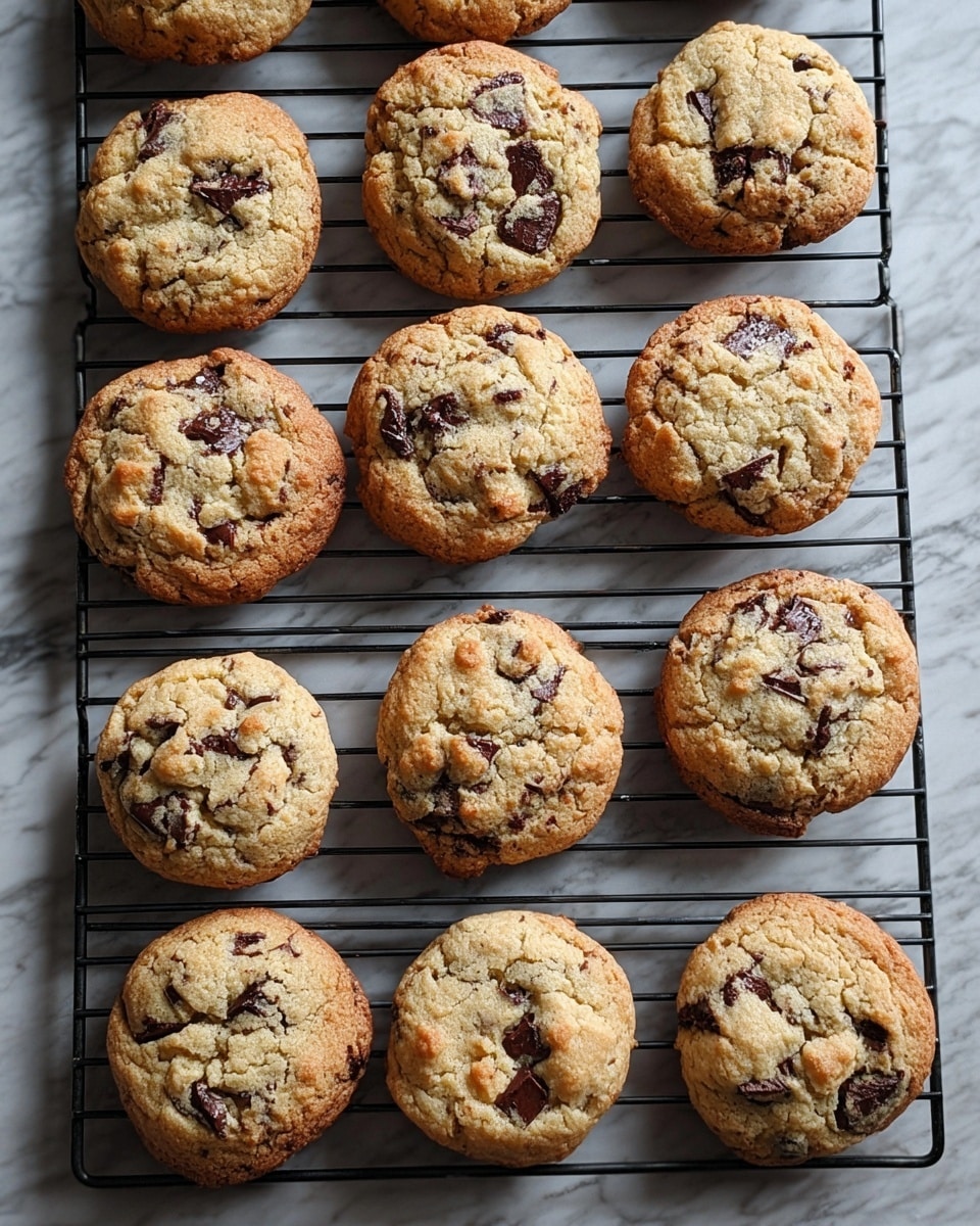 The image shows fifteen round cookies on a black cooling rack. Each cookie is golden brown with a slightly rough texture and has dark chocolate chunks spread throughout. The cookies are evenly spaced on the rack, which sits on a white marbled surface. The cookies appear soft and thick, with some cracks visible on the top, giving them a fresh baked look. photo taken with an iphone --ar 4:5 --v 7