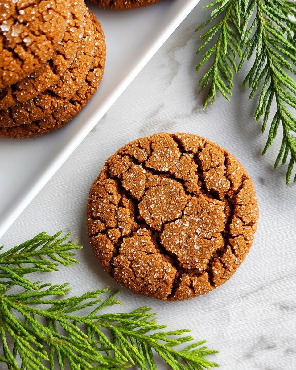A single round ginger cookie with a rough, cracked surface showing deep cracks filled with darker tones, sprinkled lightly with sugar crystals, is placed on a white marbled surface. Near the cookie, green pine leaves add a fresh, natural touch. At the top left corner, a white rectangular plate holds several stacked ginger cookies with the same cracked texture, partially visible in the frame. Photo taken with an iphone --ar 4:5 --v 7