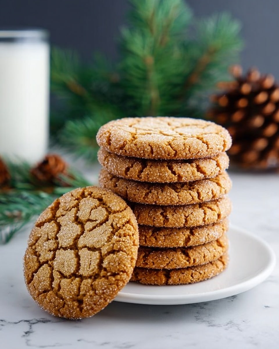 A stack of nine round, light brown cookies with a cracked texture sits centered on a white plate. One cookie lies flat on the white marbled surface in front of the plate, showing its rough, cracked top. The cookies have a sugar-coated sparkle that catches light. In the background, slightly out of focus, there is a glass of milk with white liquid and a brown pine cone with green pine branches nearby, all resting on a white marbled surface. photo taken with an iphone --ar 4:5 --v 7