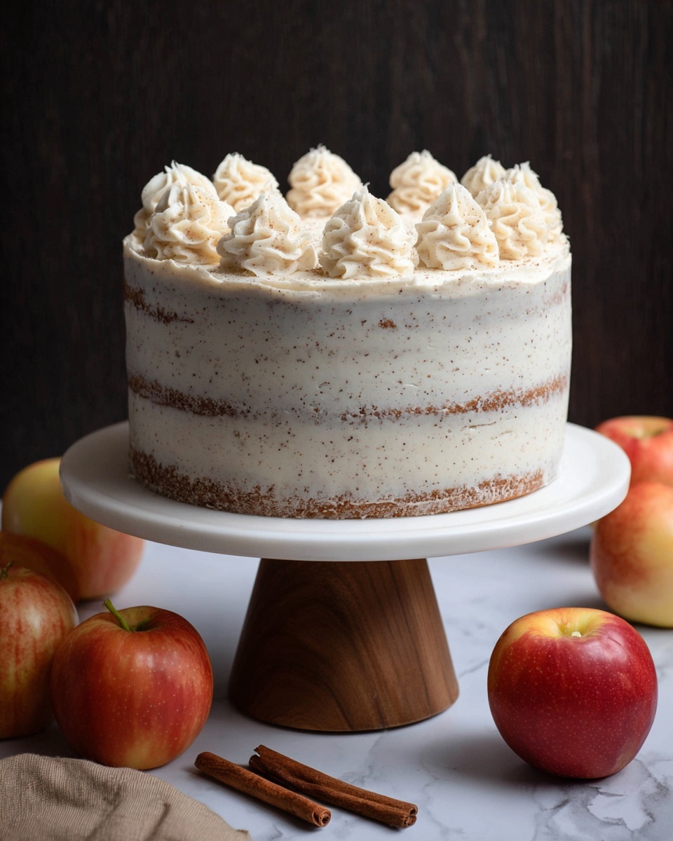 This image shows a cake with two visible layers of light brown cake filled and covered with a thick, creamy white frosting that has small brown specks. The frosting is spread evenly but thin enough to show parts of the cake underneath. On top, there are six swirled dollops of the same white frosting spaced evenly around the edge. The cake sits on a round white cake stand with a wooden base. Around the cake on a wooden surface are four red and yellow apples and two cinnamon sticks. The background is dark, and the photo is taken on a white marbled surface photo taken with an iphone --ar 4:5 --v 7