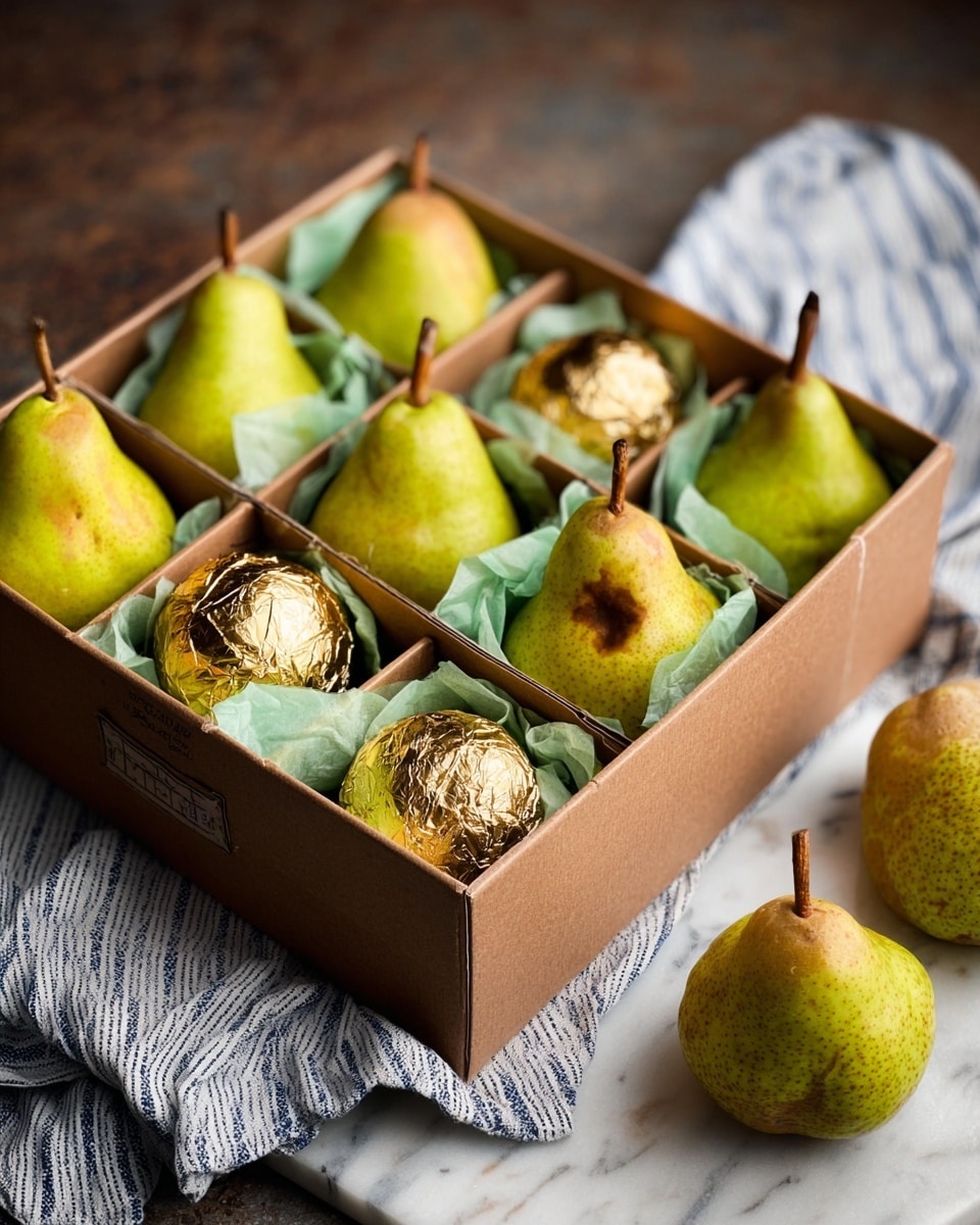 A brown cardboard box divided into nine sections holds nine yellow-green pears, each wrapped partly in crumpled light green tissue paper at the base, with two of the sections containing pears wrapped in shiny gold foil. The pears have a smooth texture with small brown spots and stems sticking up. The box is placed on a white marbled surface with a striped blue and white cloth beneath some of the pears outside the box. The background is blurred and dark, giving focus to the pears and their box. Photo taken with an iphone --ar 4:5 --v 7
