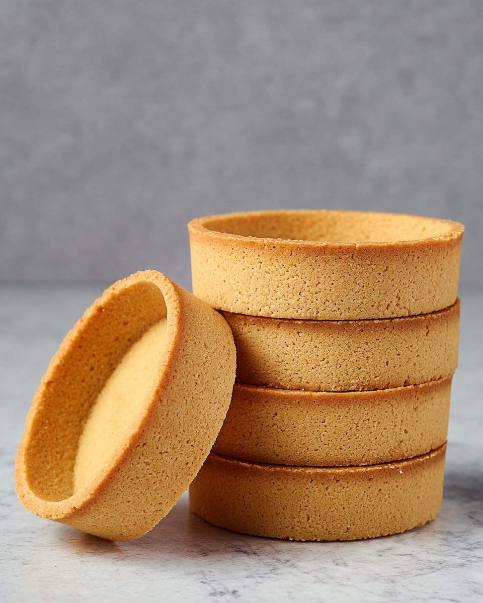 A stack of four round tart shells with a light golden brown color and smooth, slightly textured edges are placed on a white marbled surface. Next to the stack, one tart shell is standing upright, leaning against the stack, showing the inside which is flat and evenly baked with the same golden tone. The shells have a crumbly, baked texture, and their sides are straight and firm. The background is a soft gray, making the warm tones of the tart shells stand out clearly. photo taken with an iphone --ar 4:5 --v 7